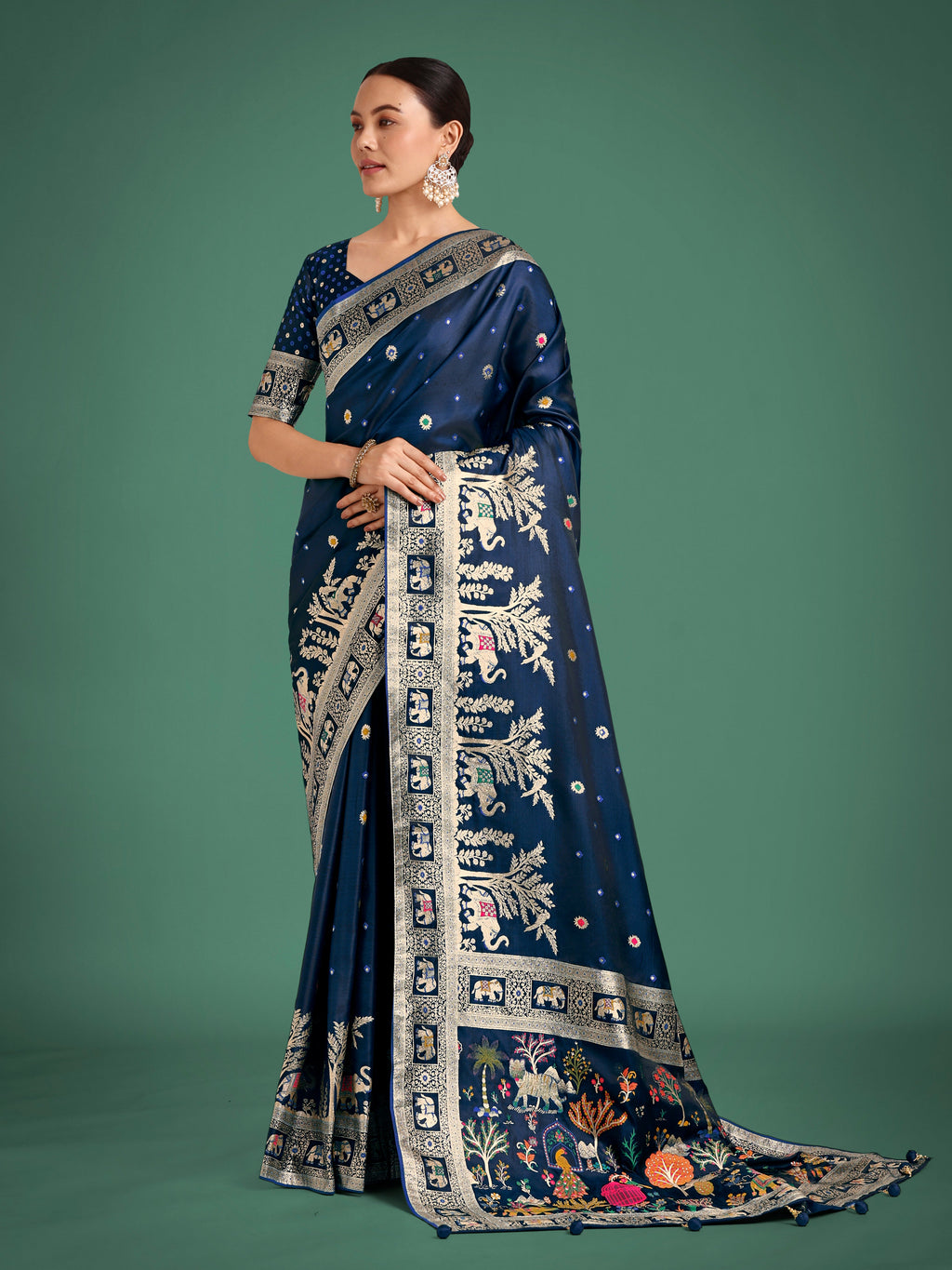 Dark Blue Banarasi Satin Silk Saree with elegant gold zari weaving