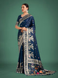Dark Blue Banarasi Satin Silk Saree with elegant gold zari weaving