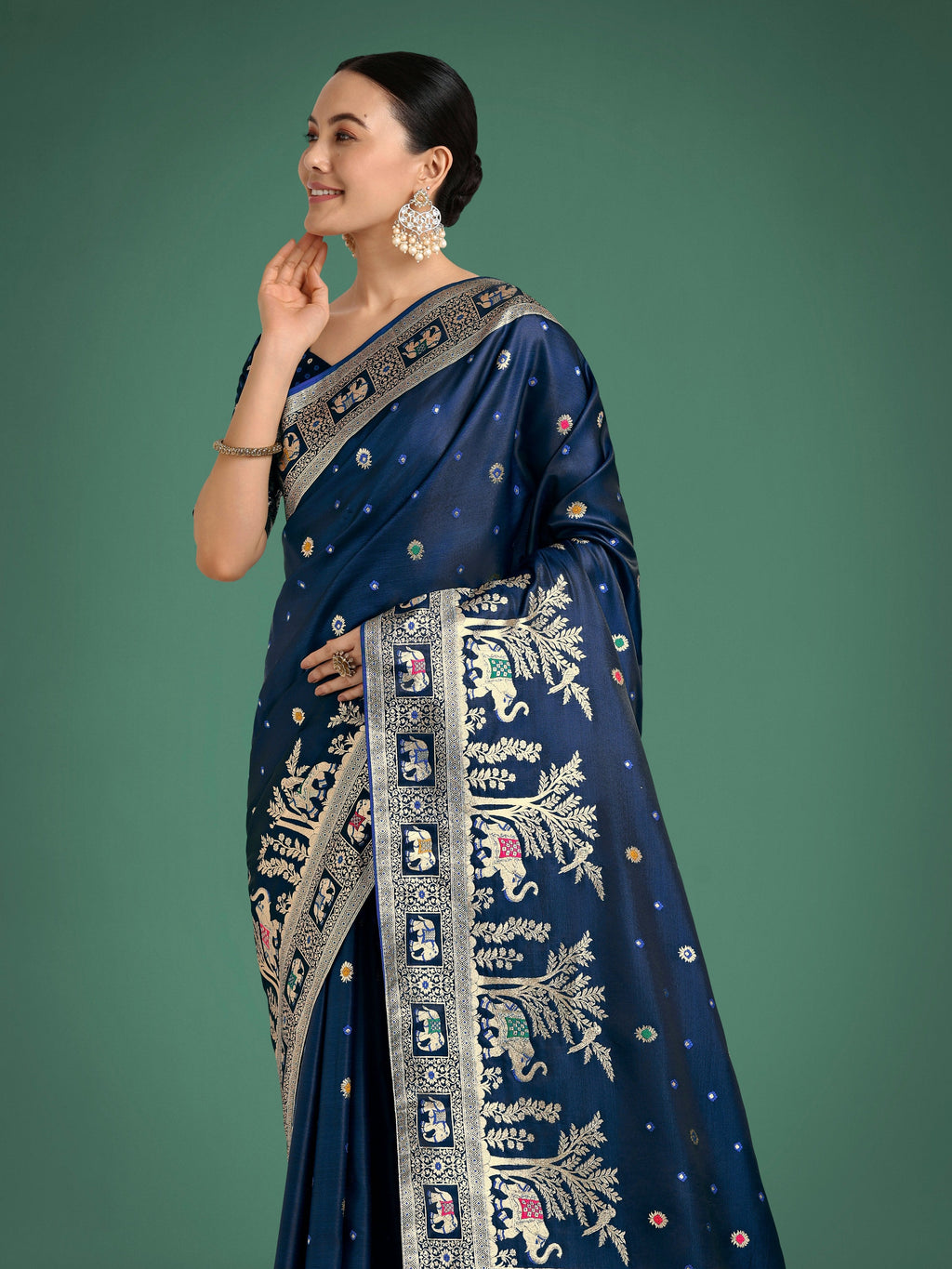 Dark Blue Banarasi Satin Silk Saree with Zari Woven Details
