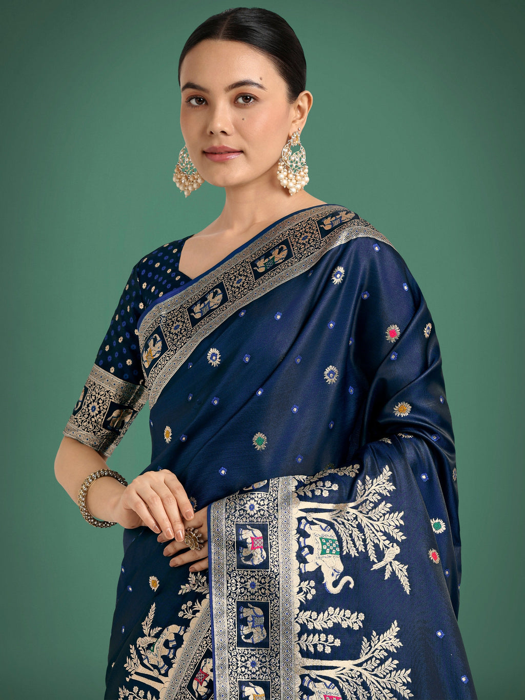 Dark Blue Banarasi Satin Silk Saree with Zari Woven Details