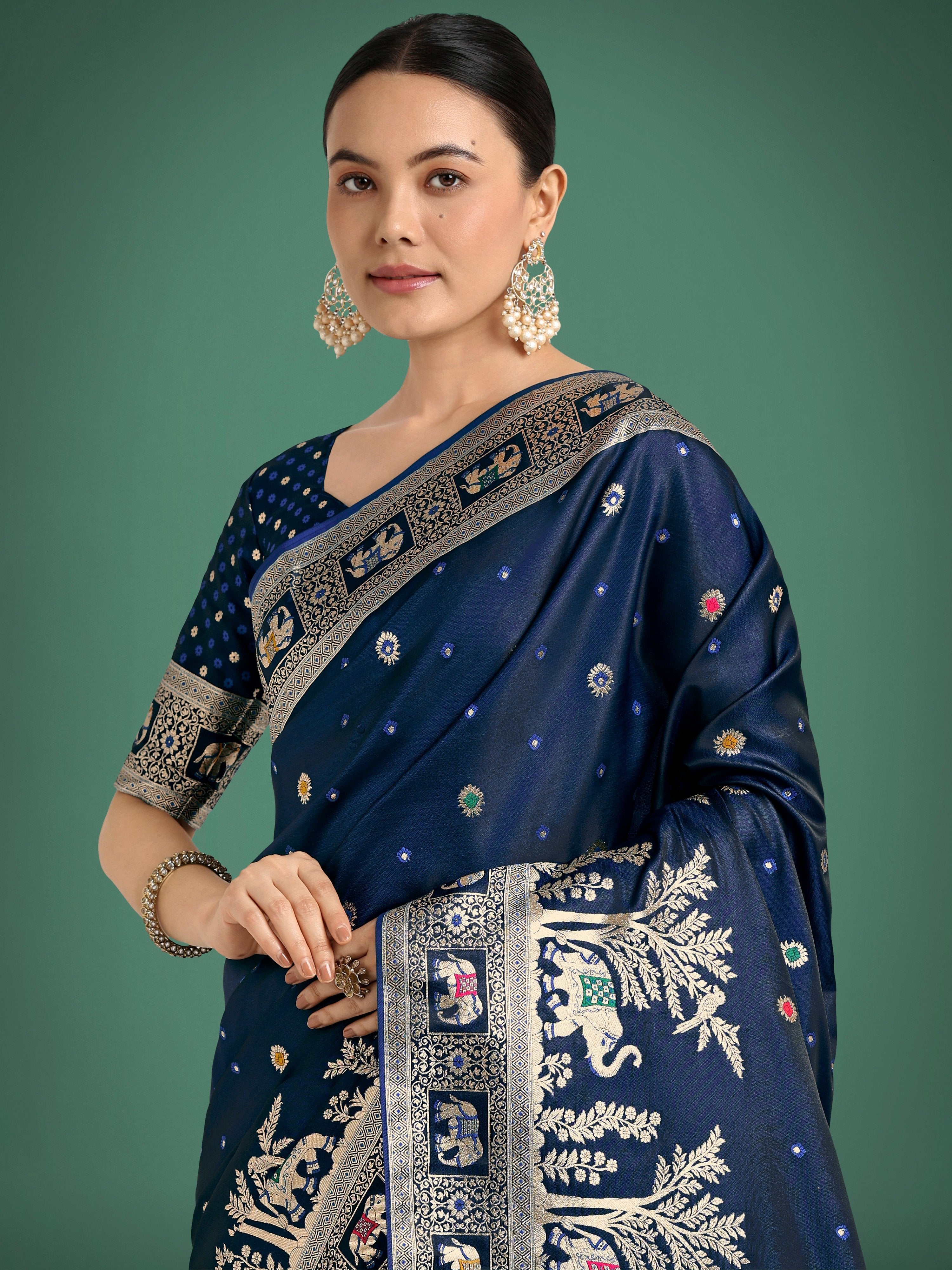 Monjolika Fashion Gorgeous Blue Woven Banarasi Designer Satin Silk Saree
