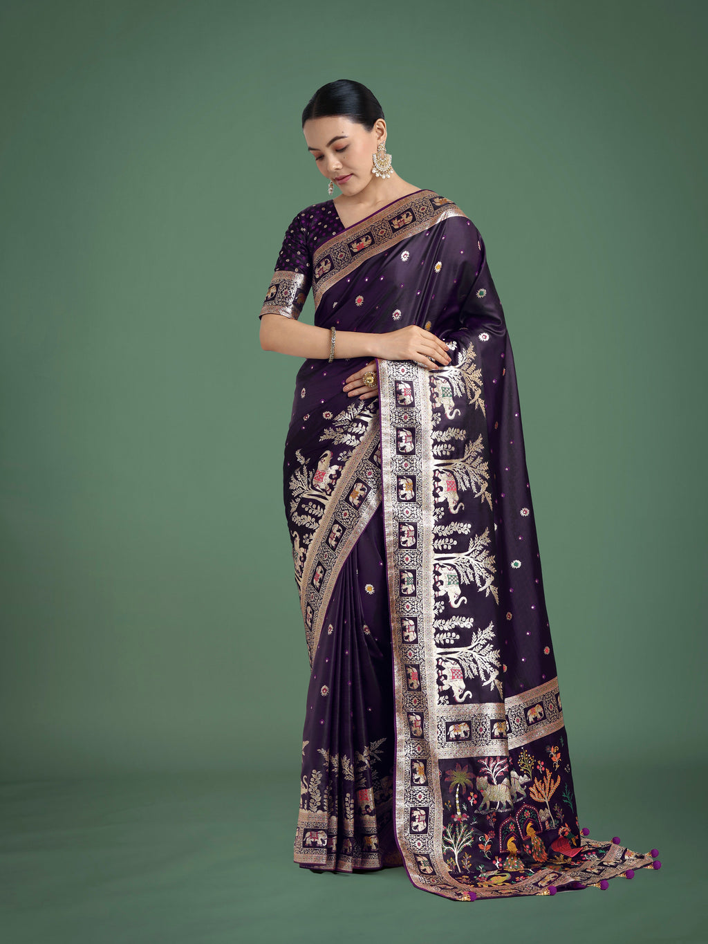 Purple woven Banarasi designer satin silk saree with traditional zari work
