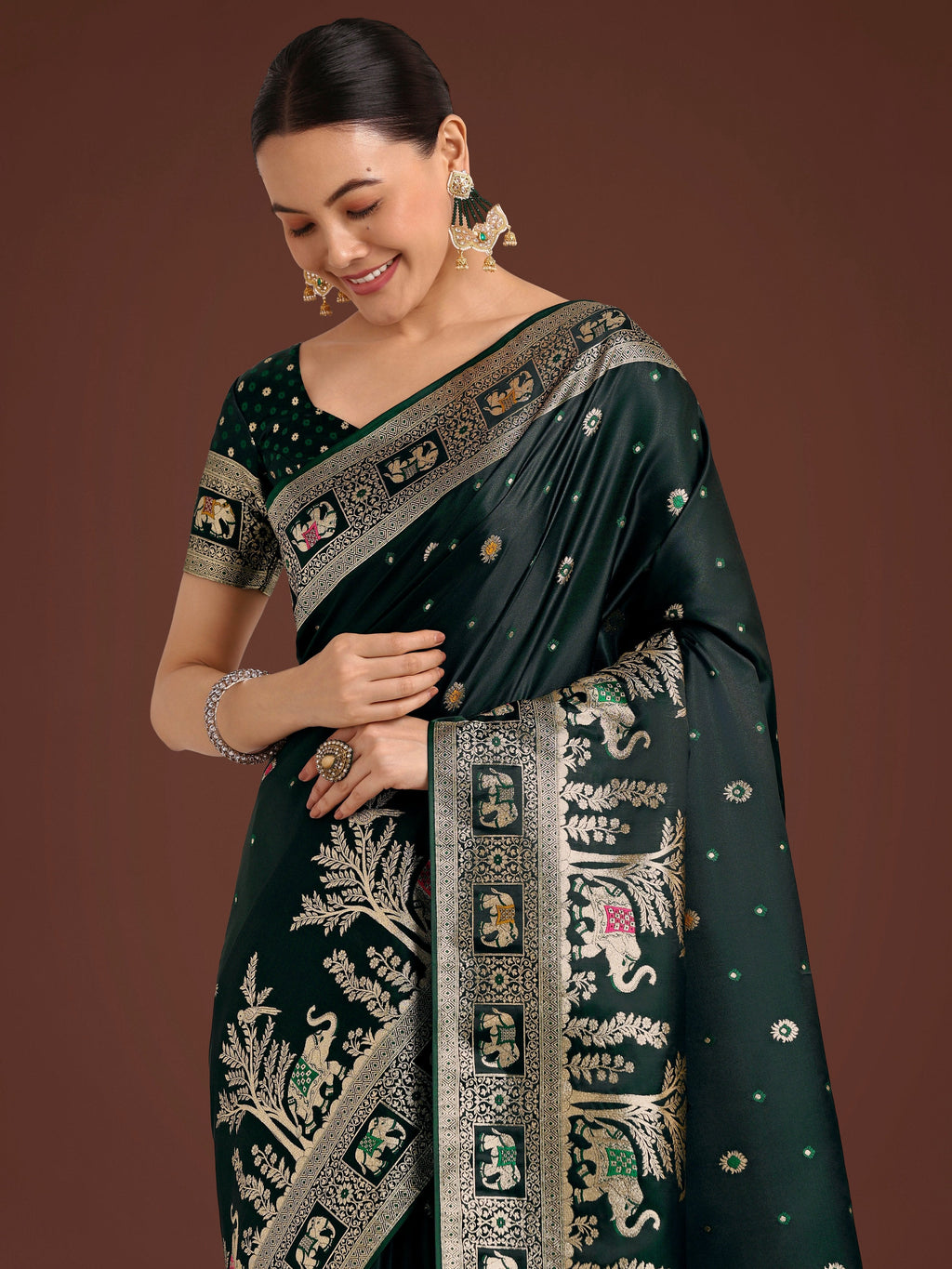 Dark Green Woven Banarasi Designer Satin Silk Saree