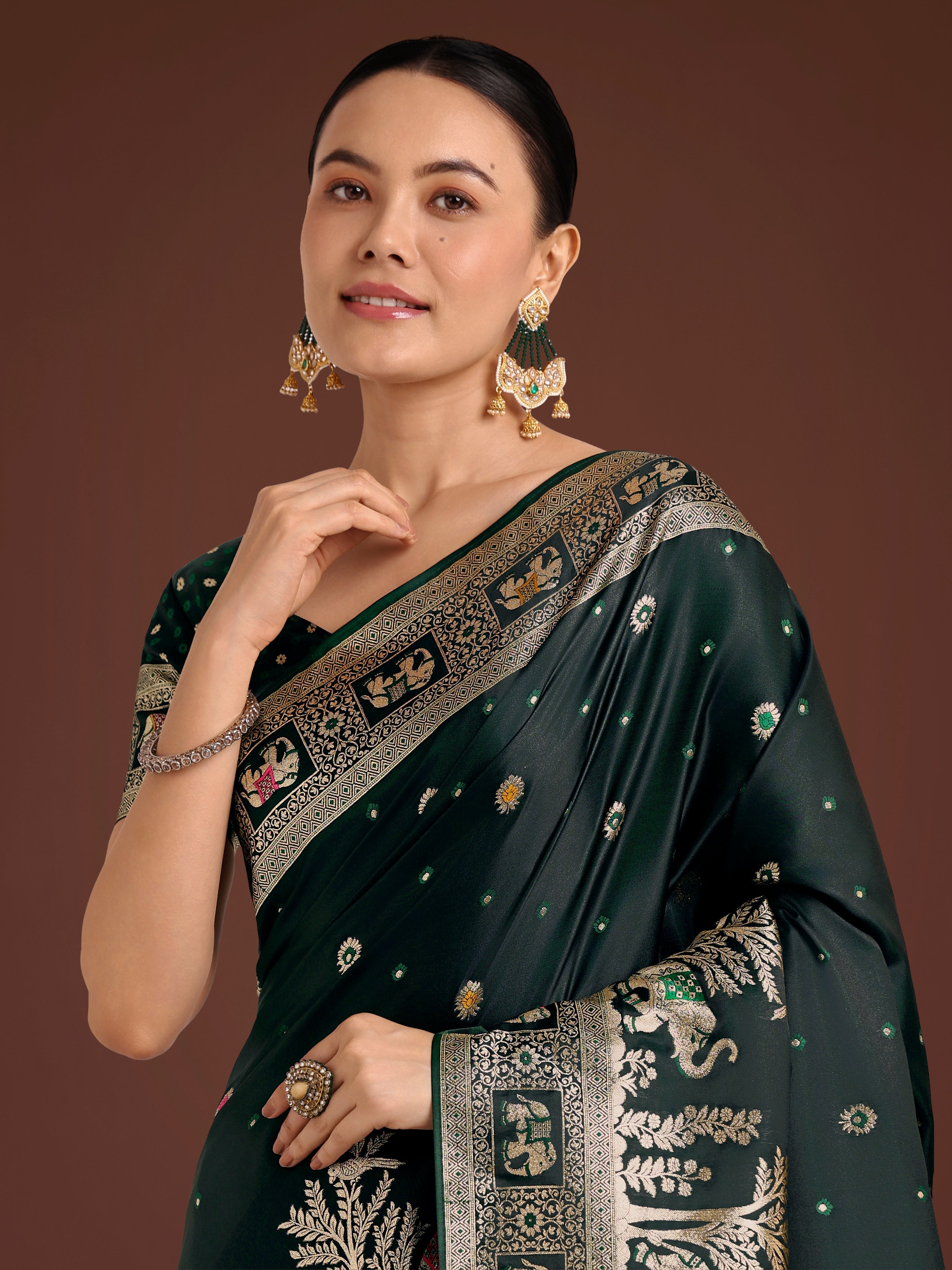 Dark Green Woven Banarasi Designer Satin Silk Saree