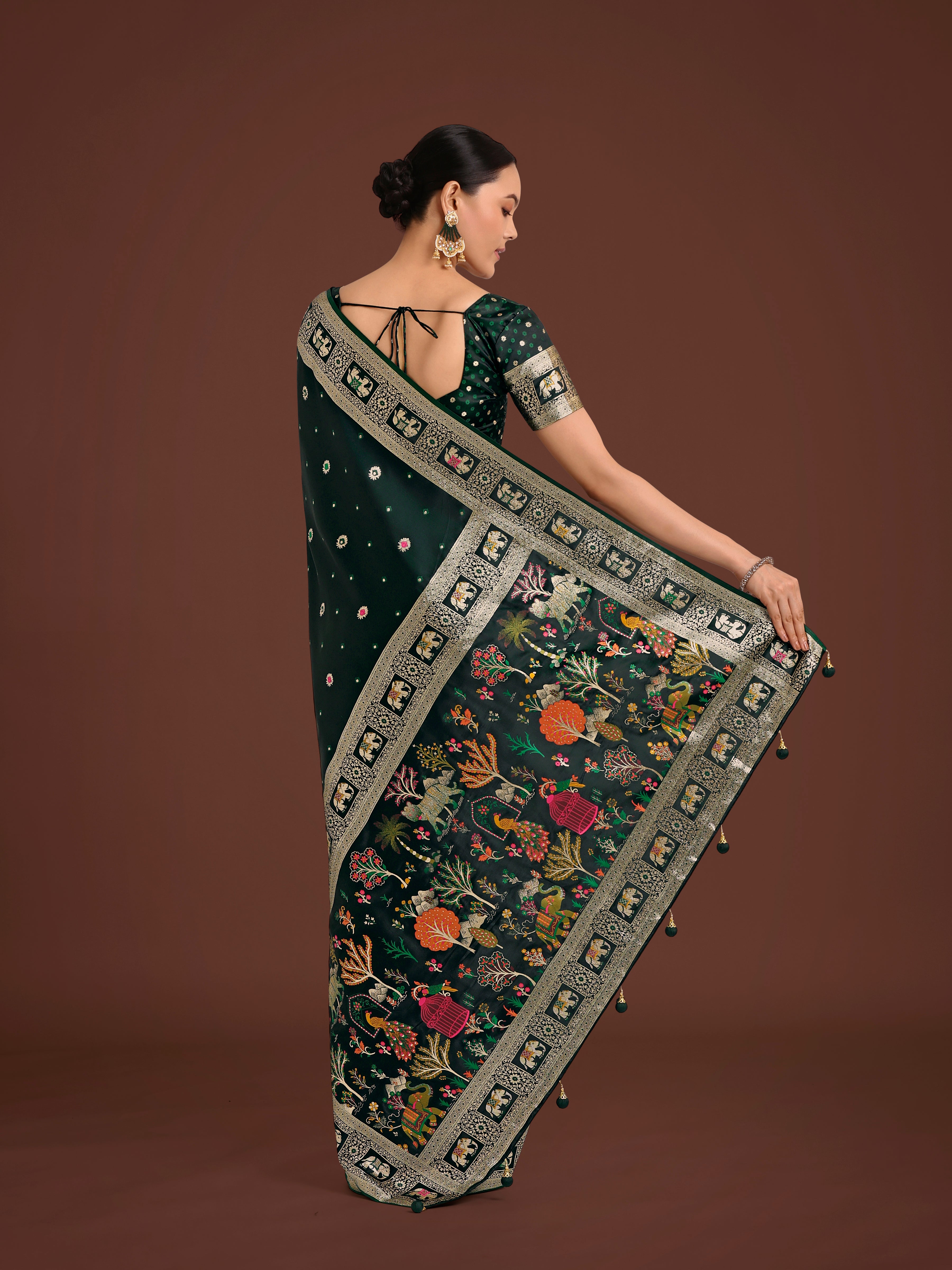 Dark Green Woven Banarasi Designer Satin Silk Saree