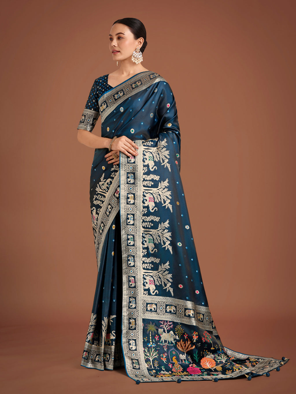 Dark Teal Banarasi Designer Satin Silk Saree with Zari Weave