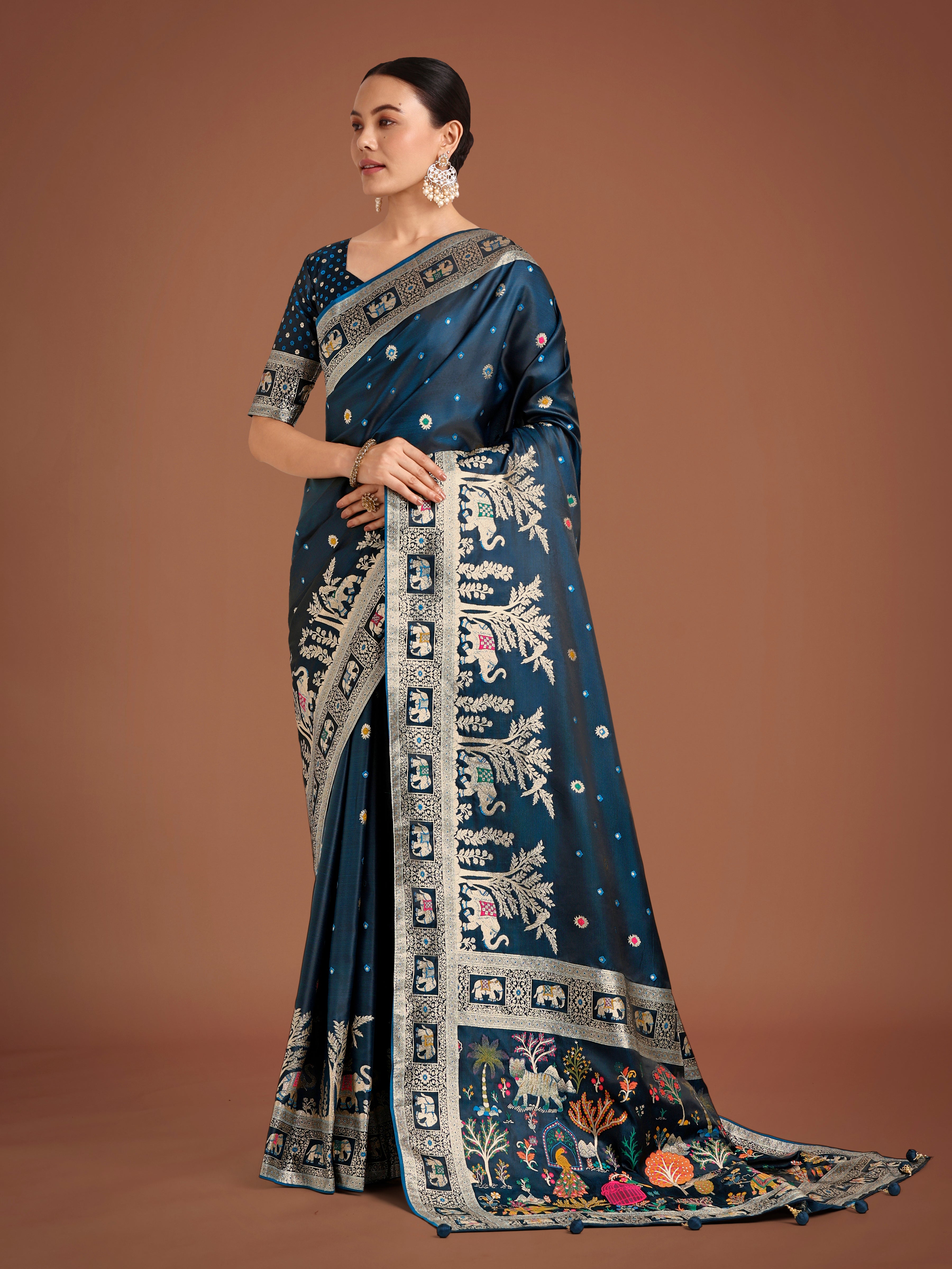 Dark Teal Banarasi Designer Satin Silk Saree with Zari Weave