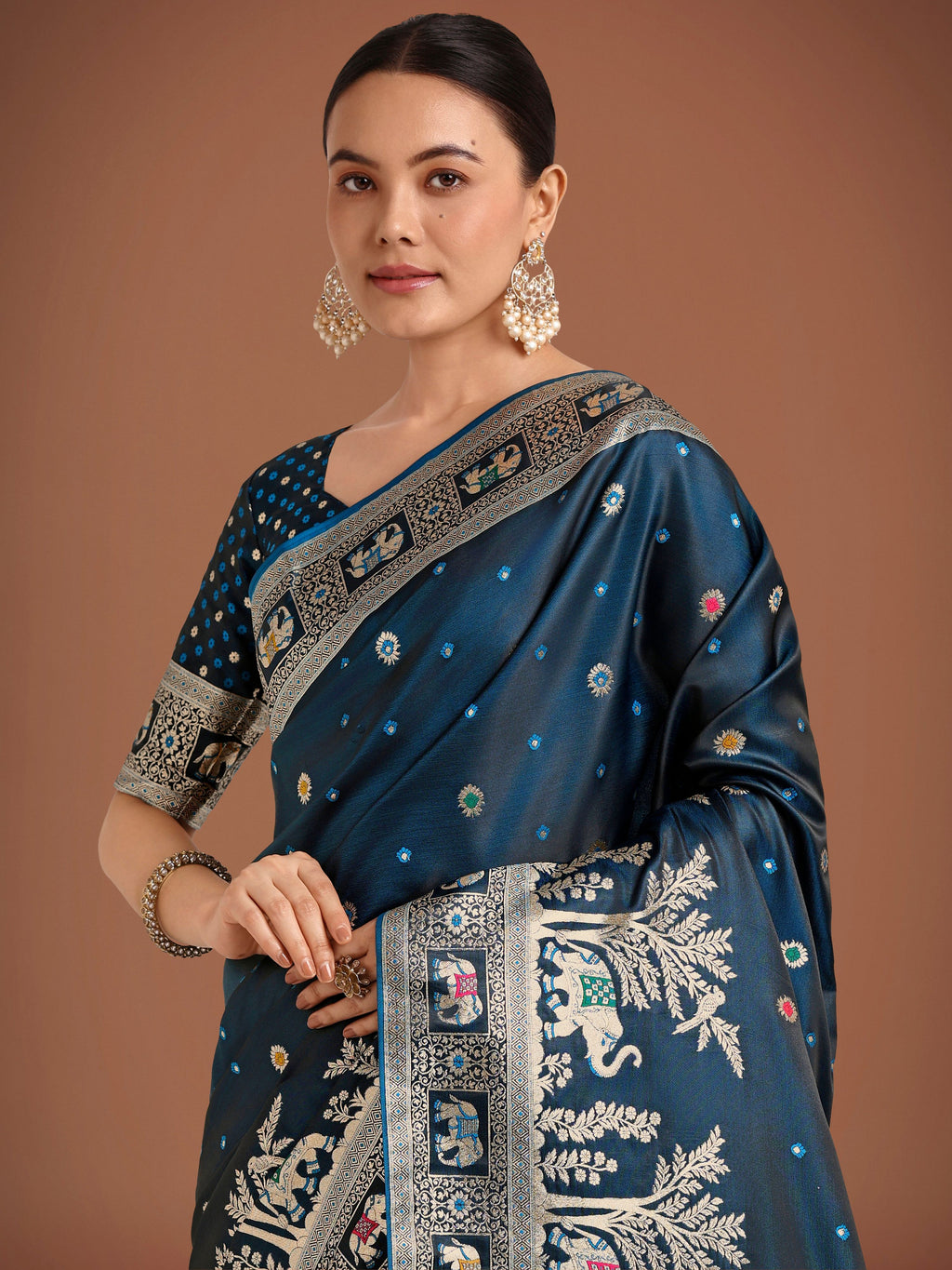 Dark Teal Banarasi Designer Satin Silk Saree with Zari Weave