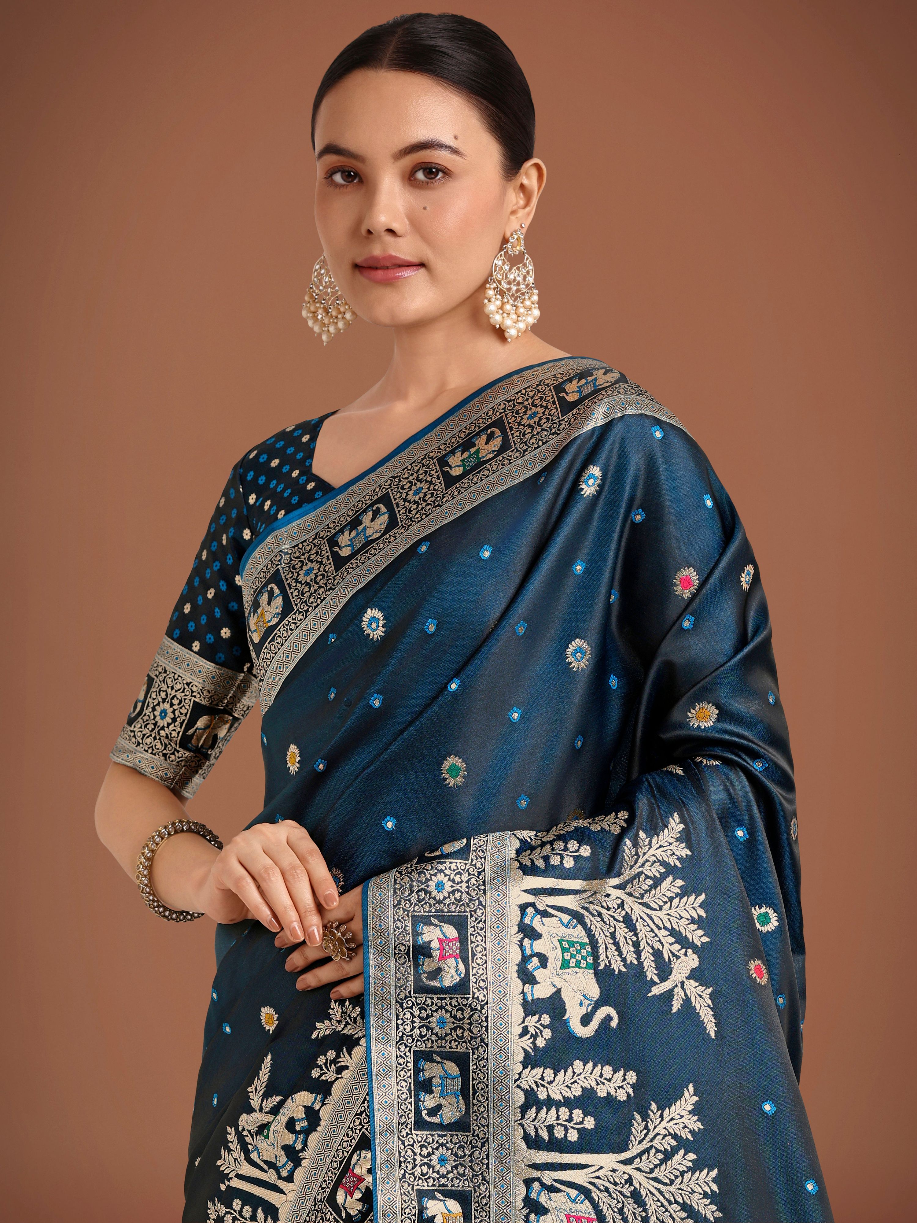 Dark Teal Banarasi Designer Satin Silk Saree with Zari Weave
