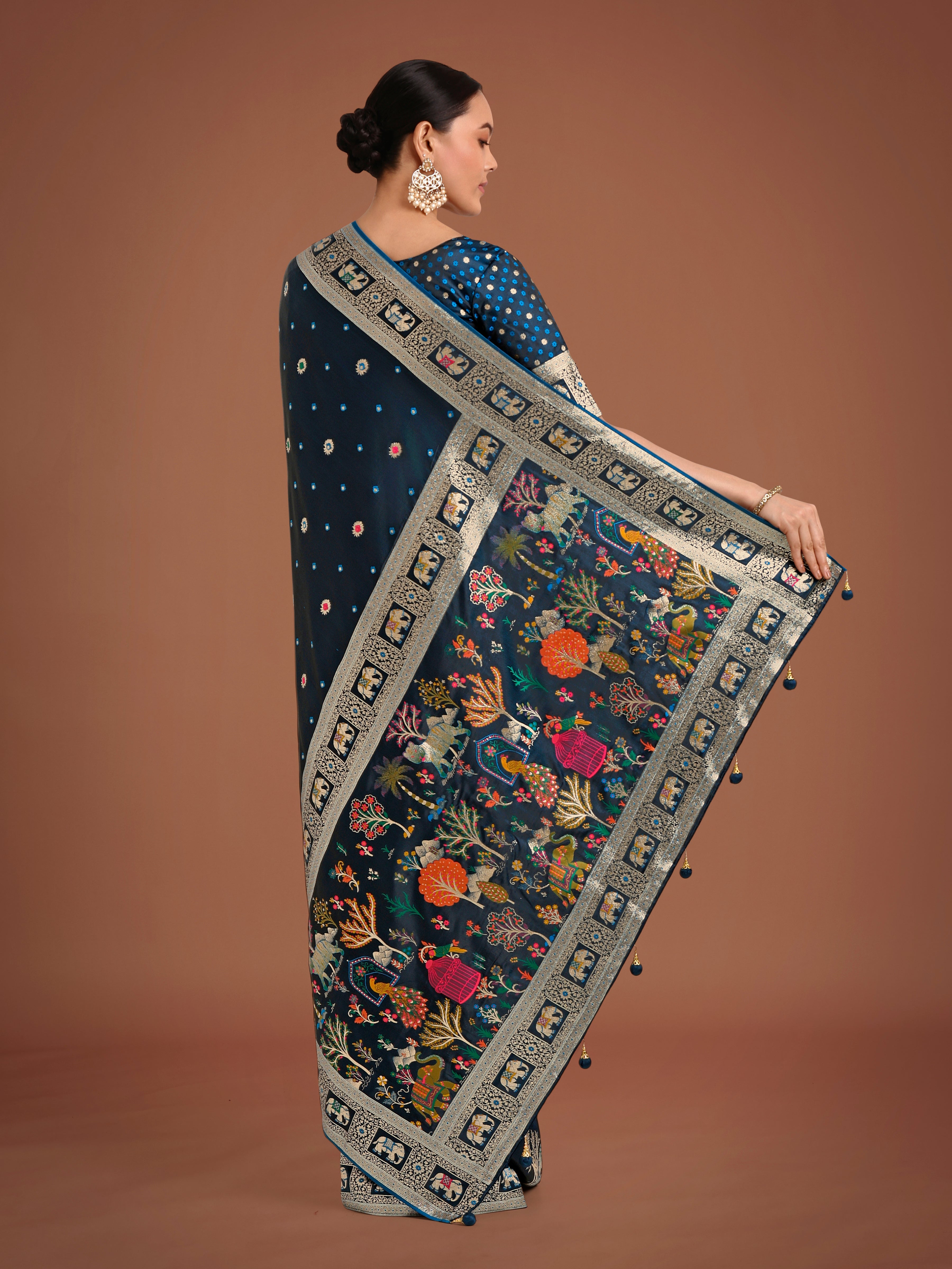 Dark Teal Banarasi Designer Satin Silk Saree with Zari Weave