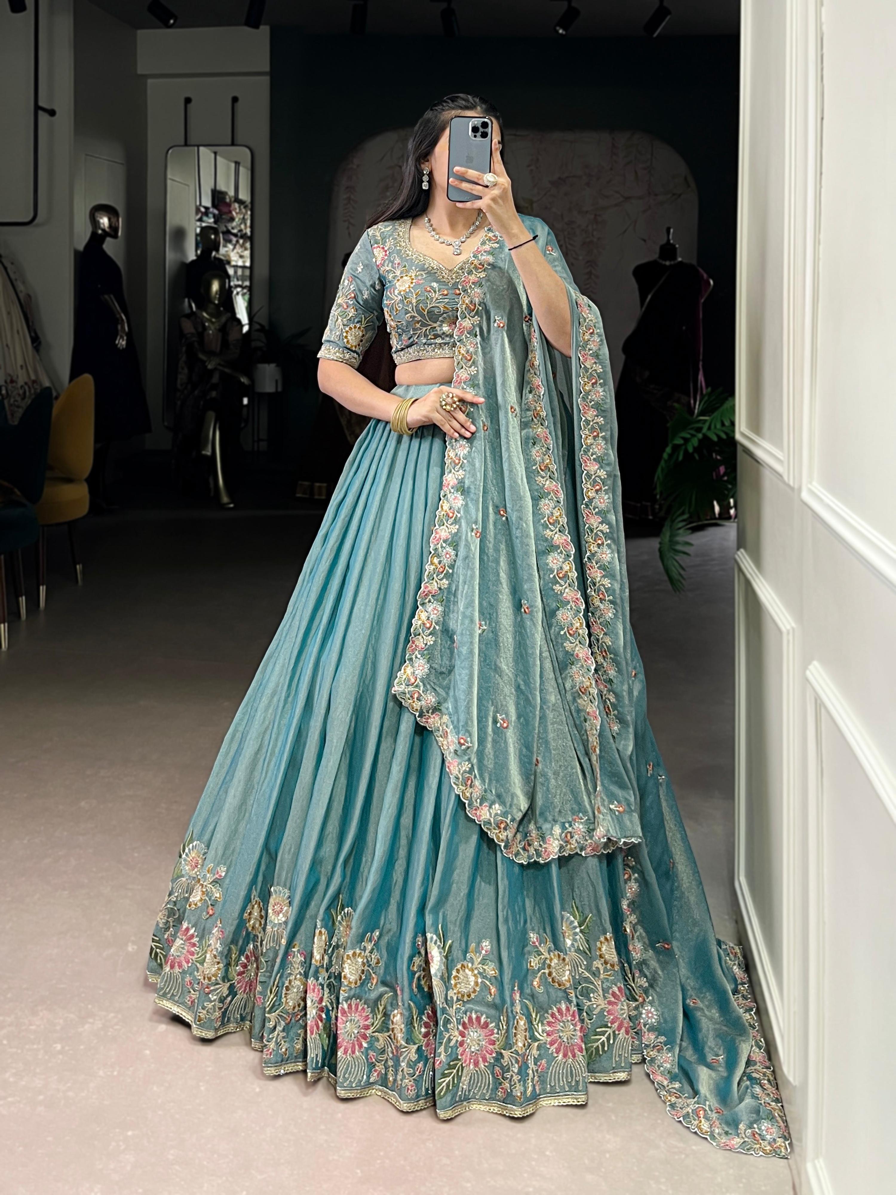 Elegant skyblue zari shimmer lehenga choli with detailed sequins and thread embroidery for festive occasions
