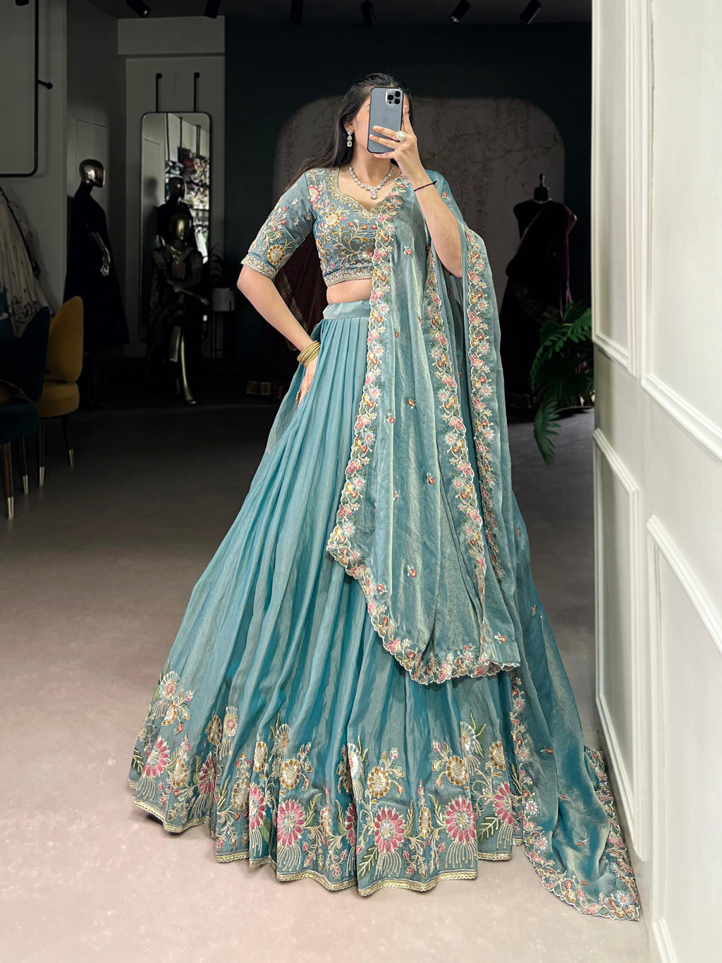 Skyblue Zari Shimmer Lehenga Choli with Sequins and Embroidery
