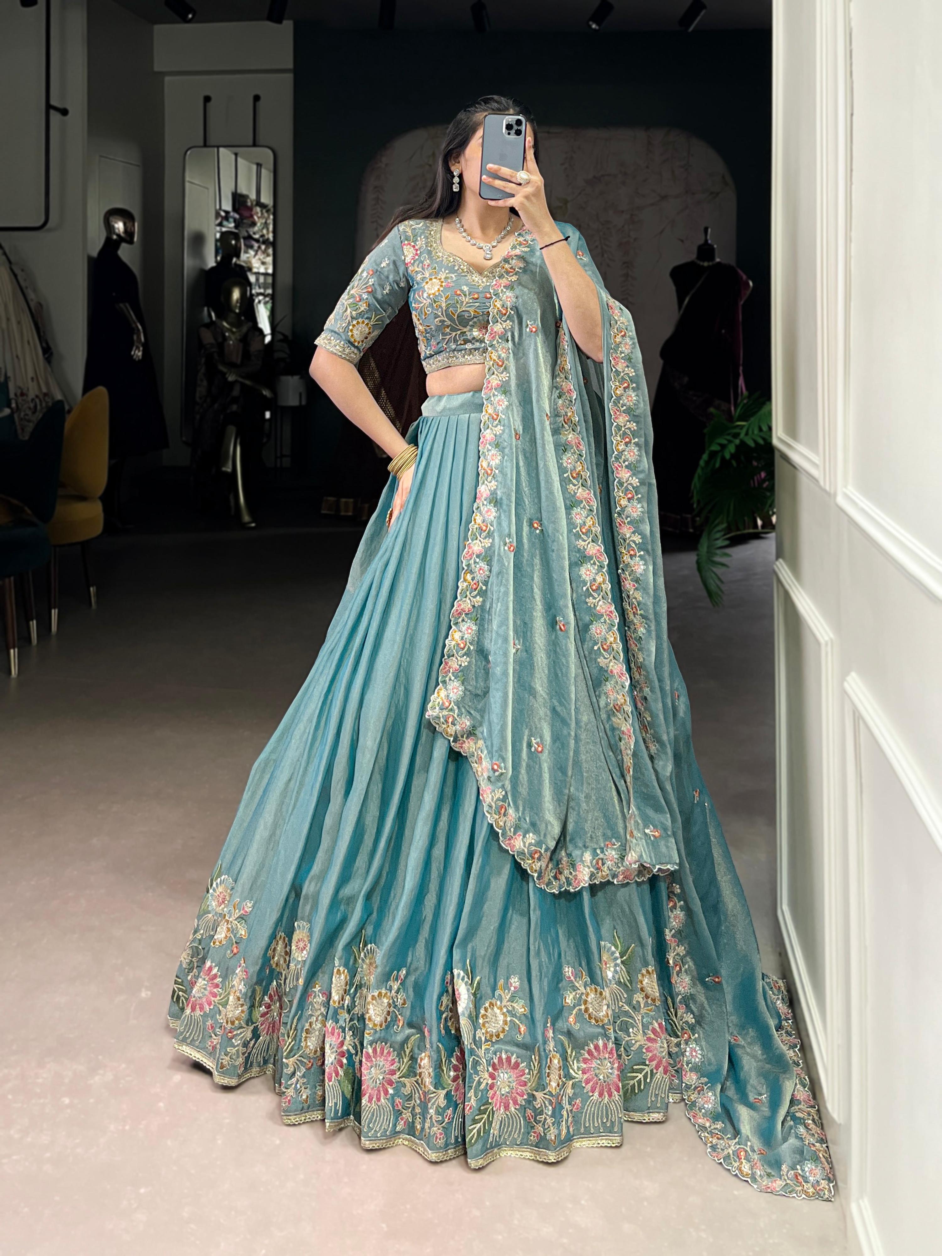 Skyblue Zari Shimmer Lehenga Choli with Sequins and Embroidery