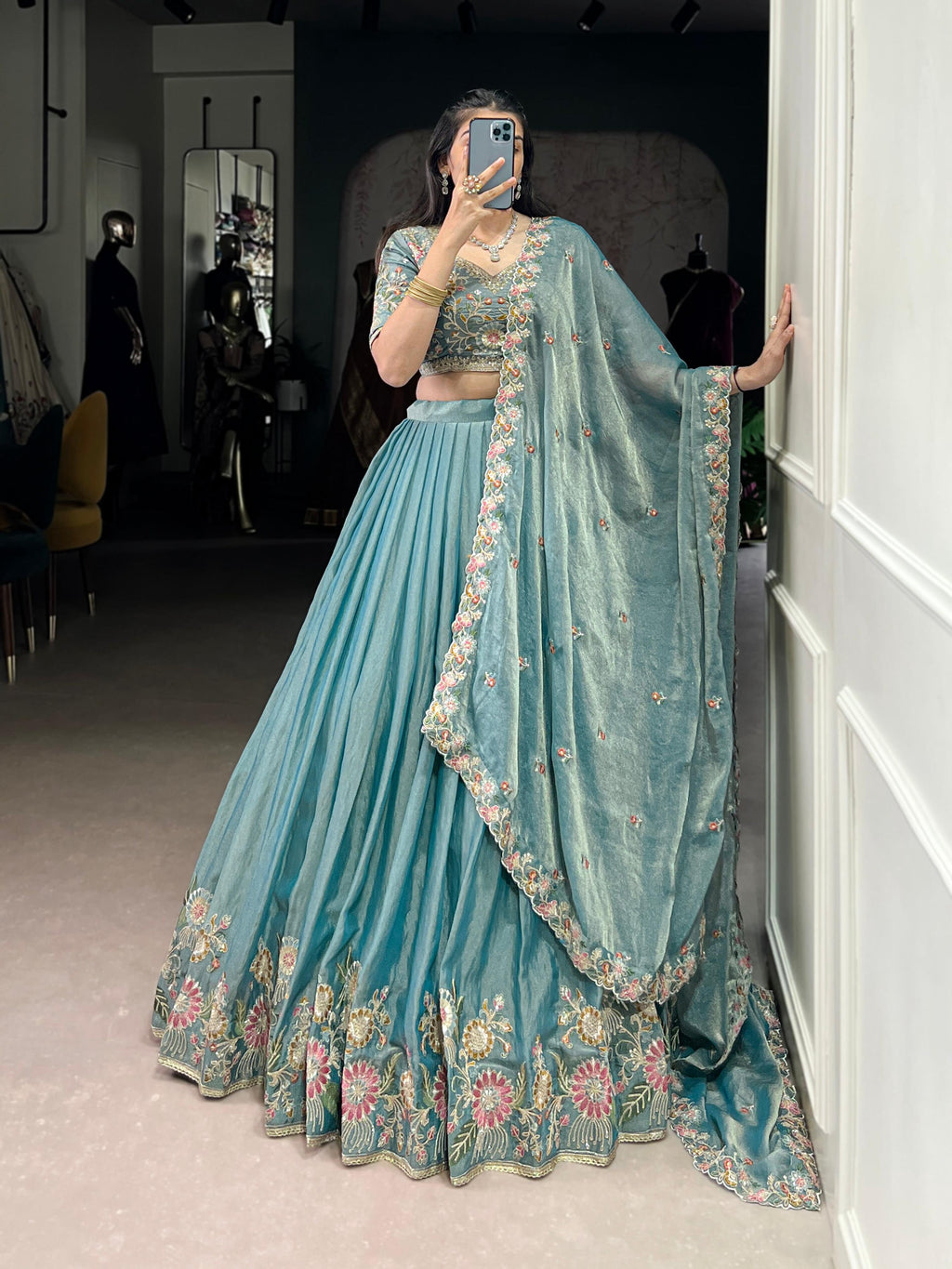 Skyblue Zari Shimmer Lehenga Choli with Sequins and Embroidery