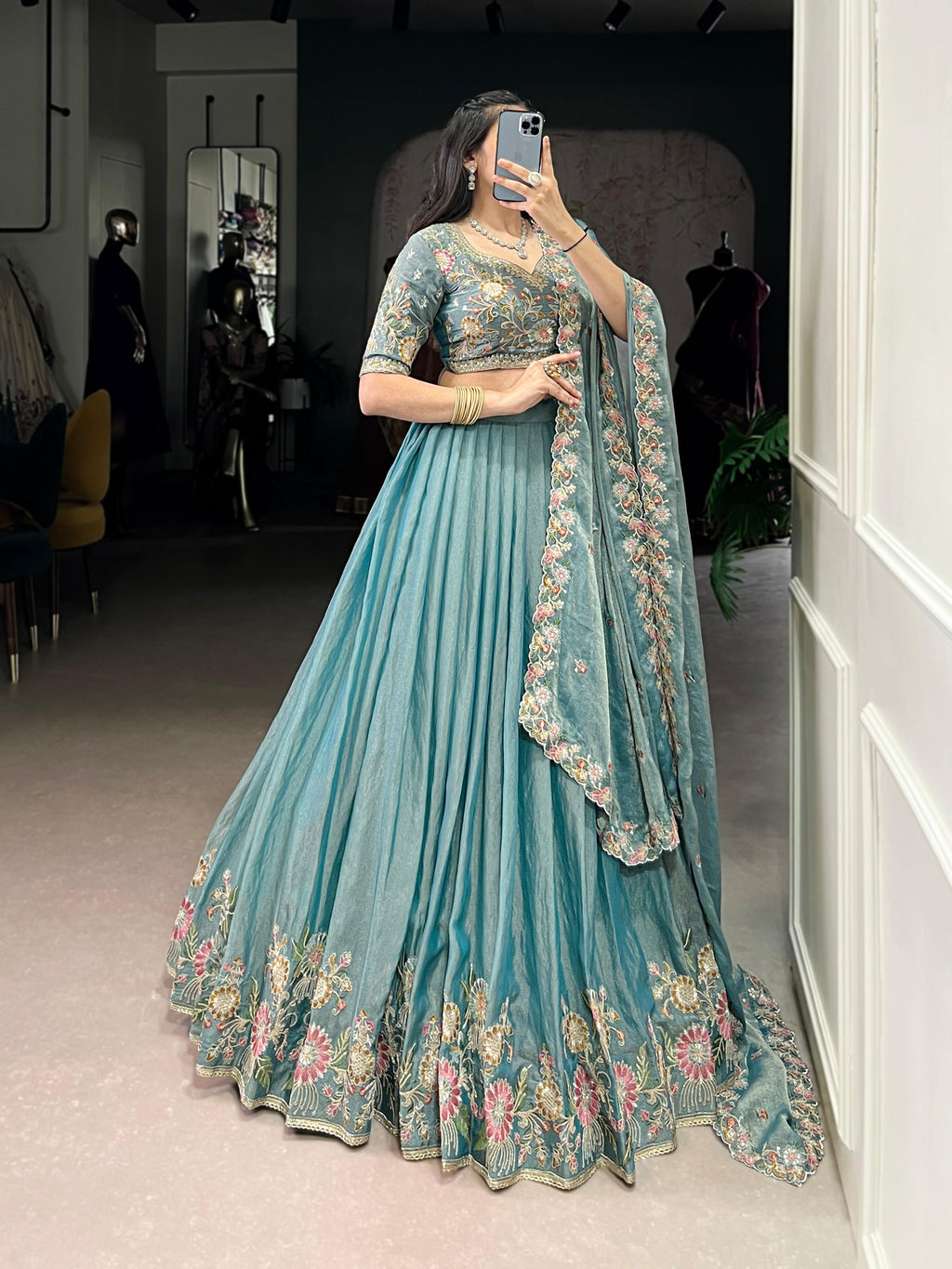 Skyblue Zari Shimmer Lehenga Choli with Sequins and Embroidery
