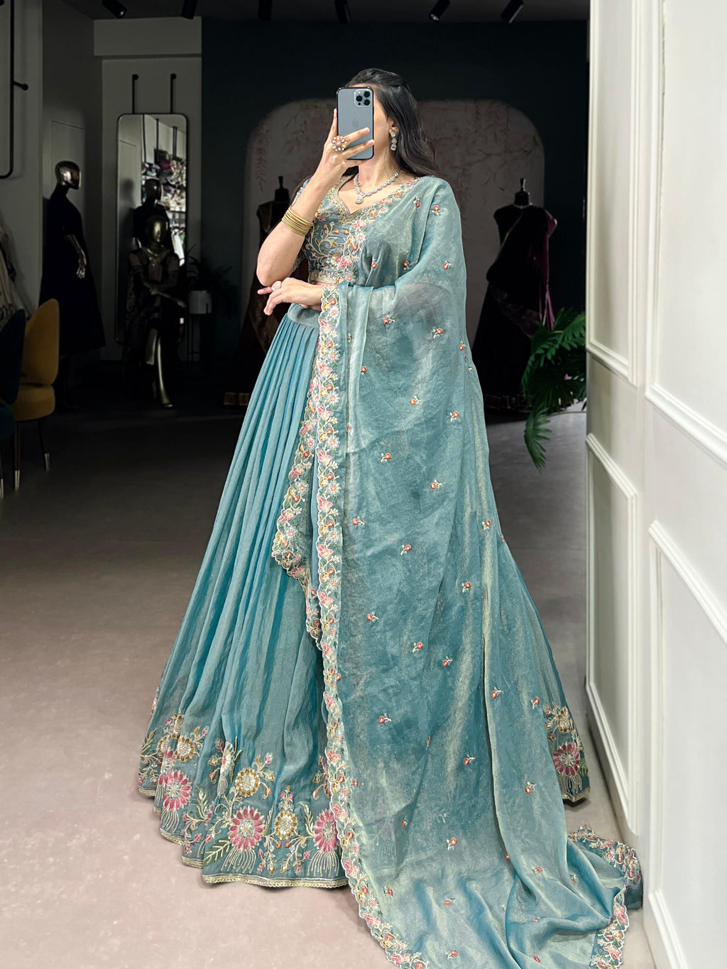 Skyblue Zari Shimmer Lehenga Choli with Sequins and Embroidery
