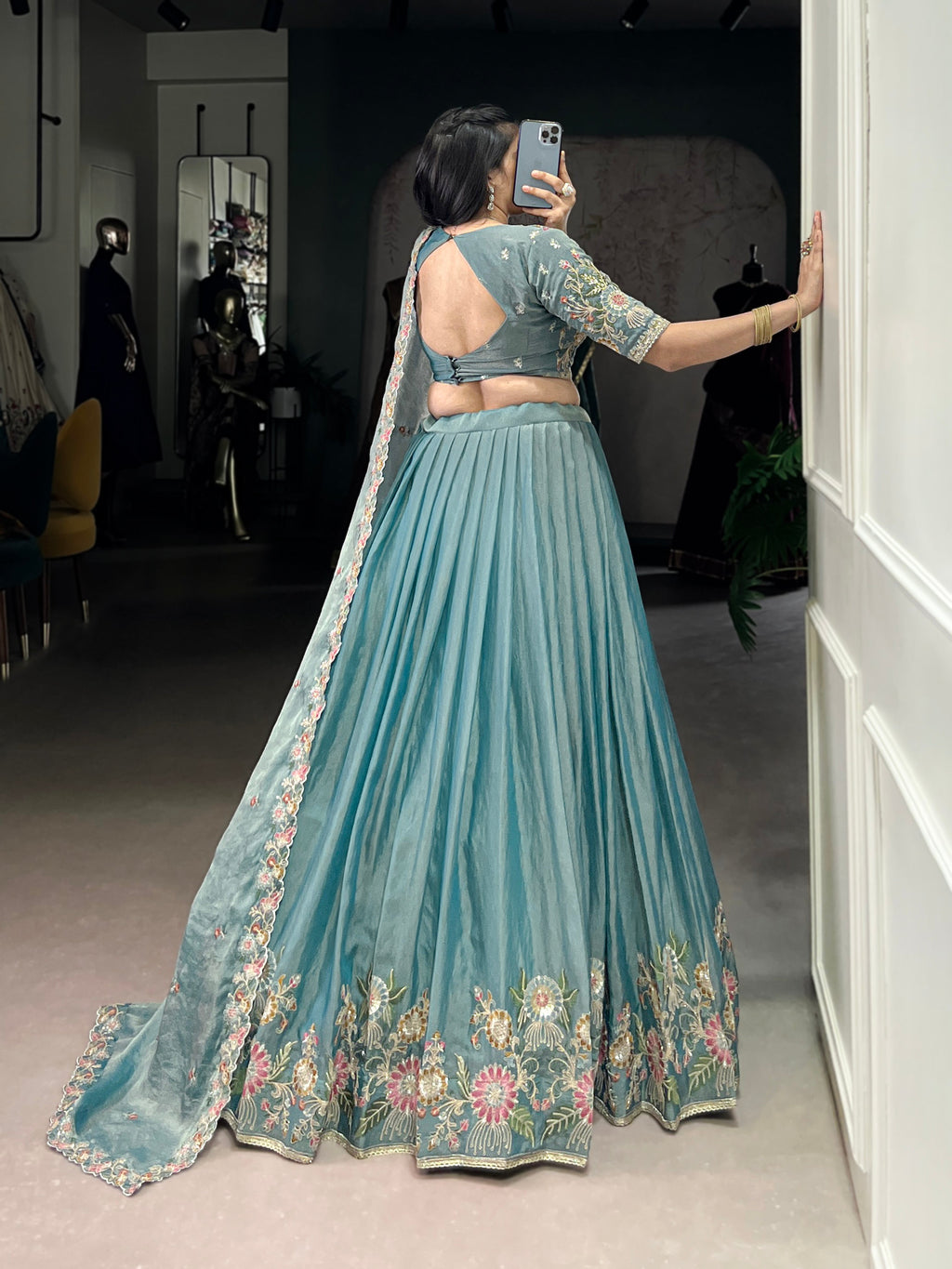 Skyblue Zari Shimmer Lehenga Choli with Sequins and Embroidery