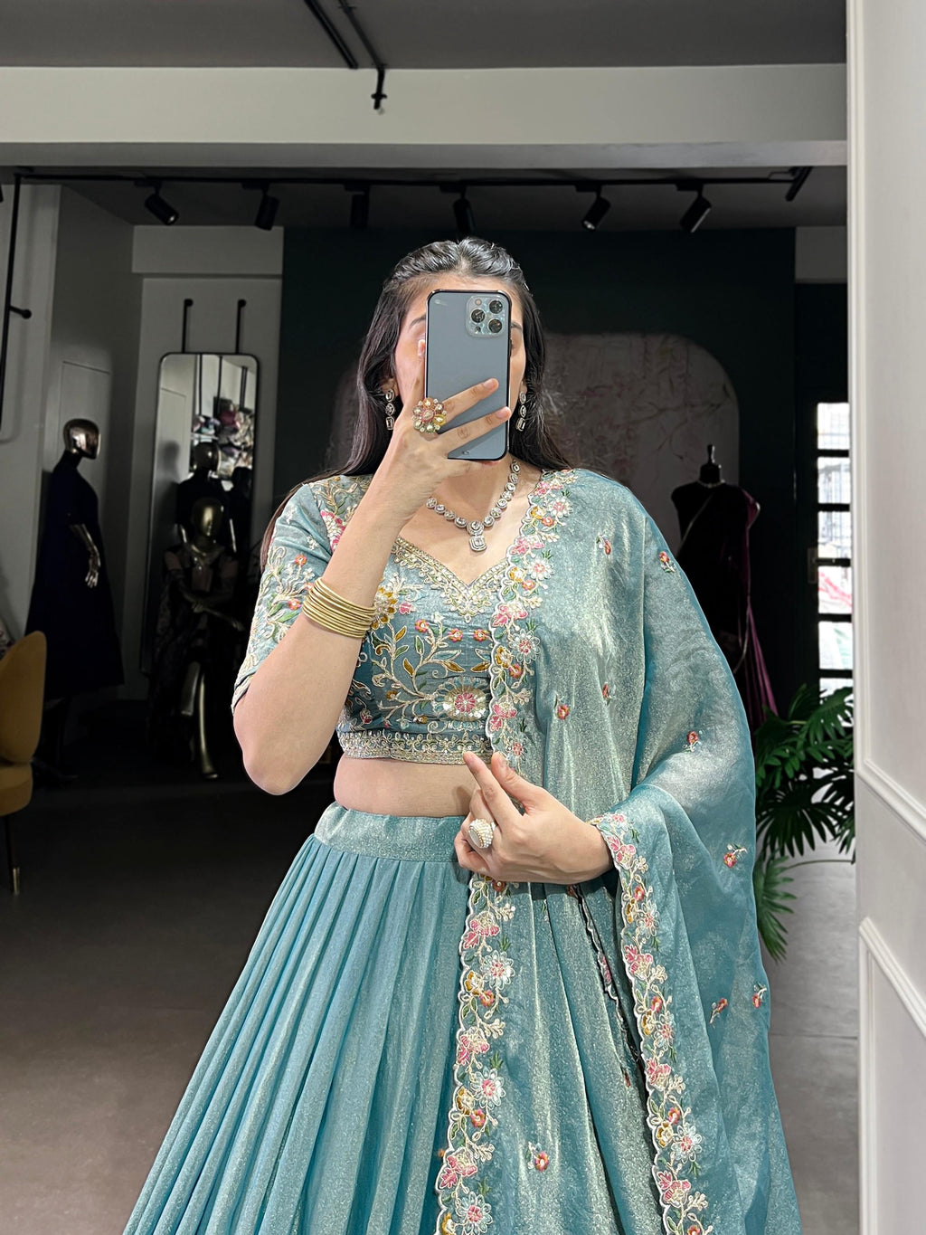 Skyblue Zari Shimmer Lehenga Choli with Sequins and Embroidery