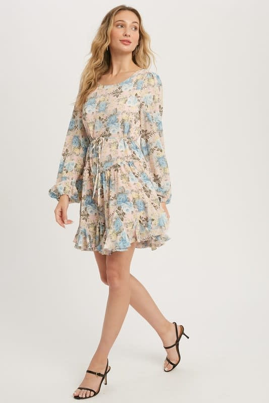 Floral Print Ruffled Swing Dress in Dusty Pink