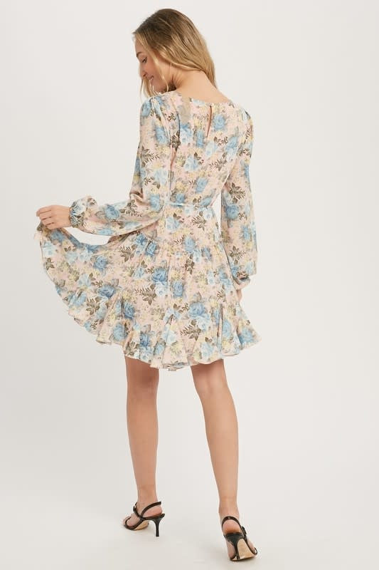 Floral Print Ruffled Swing Dress in Dusty Pink