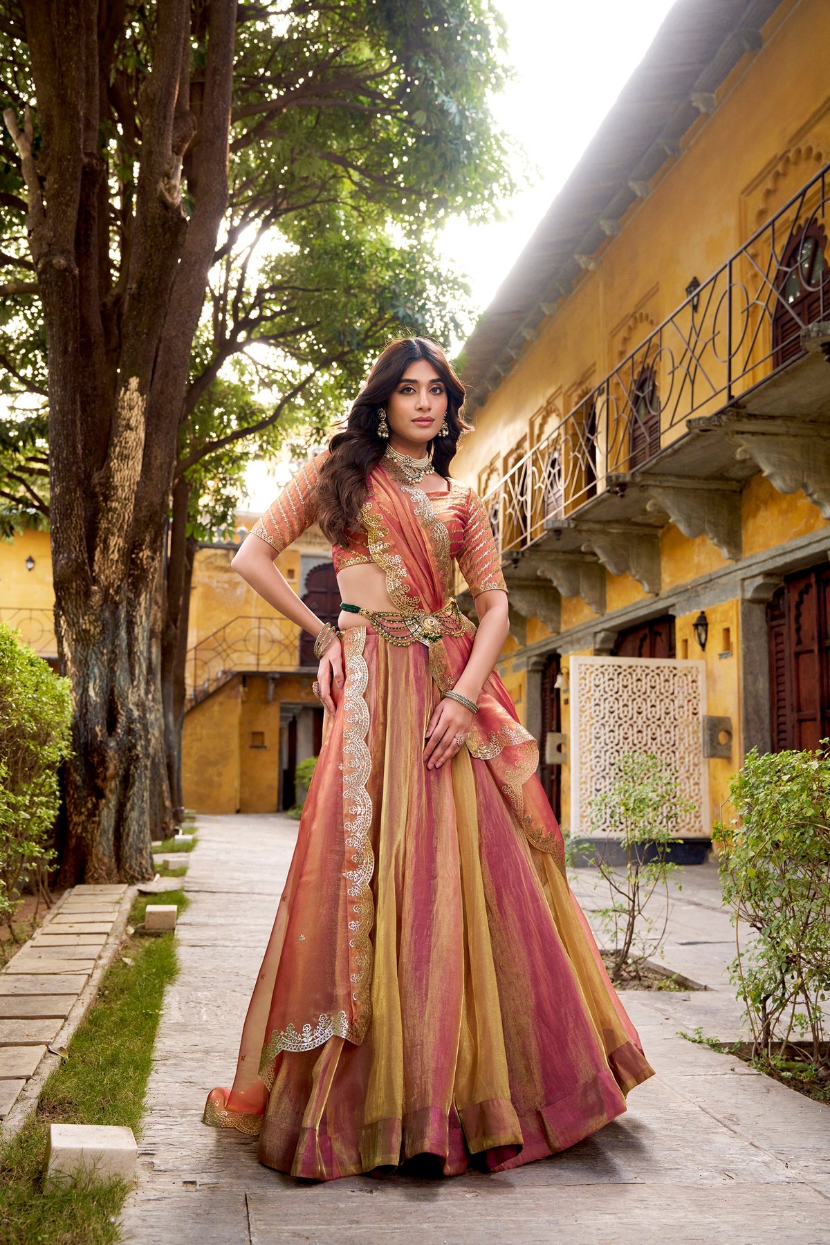 Rust Carika Silk Plain Lehenga Choli with Matching Dupatta