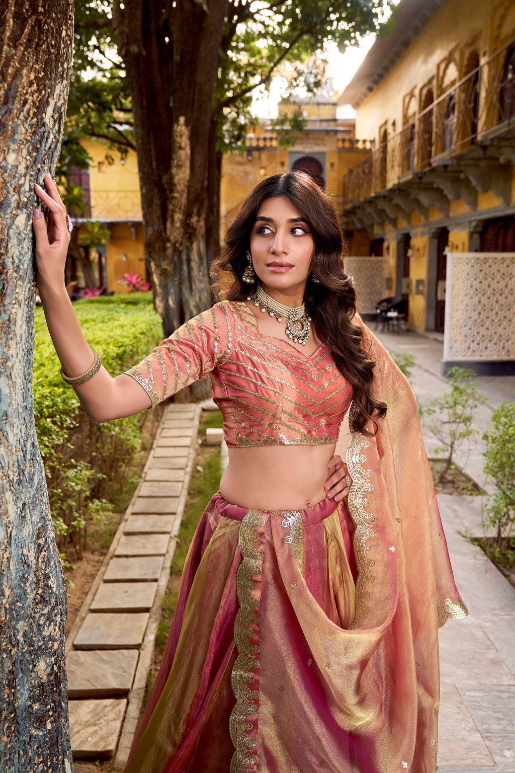Rust Carika Silk Plain Lehenga Choli with Matching Dupatta