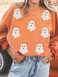 Halloween Ghost Sequin Patched Twisted Ribbed Texture Sweatshirt