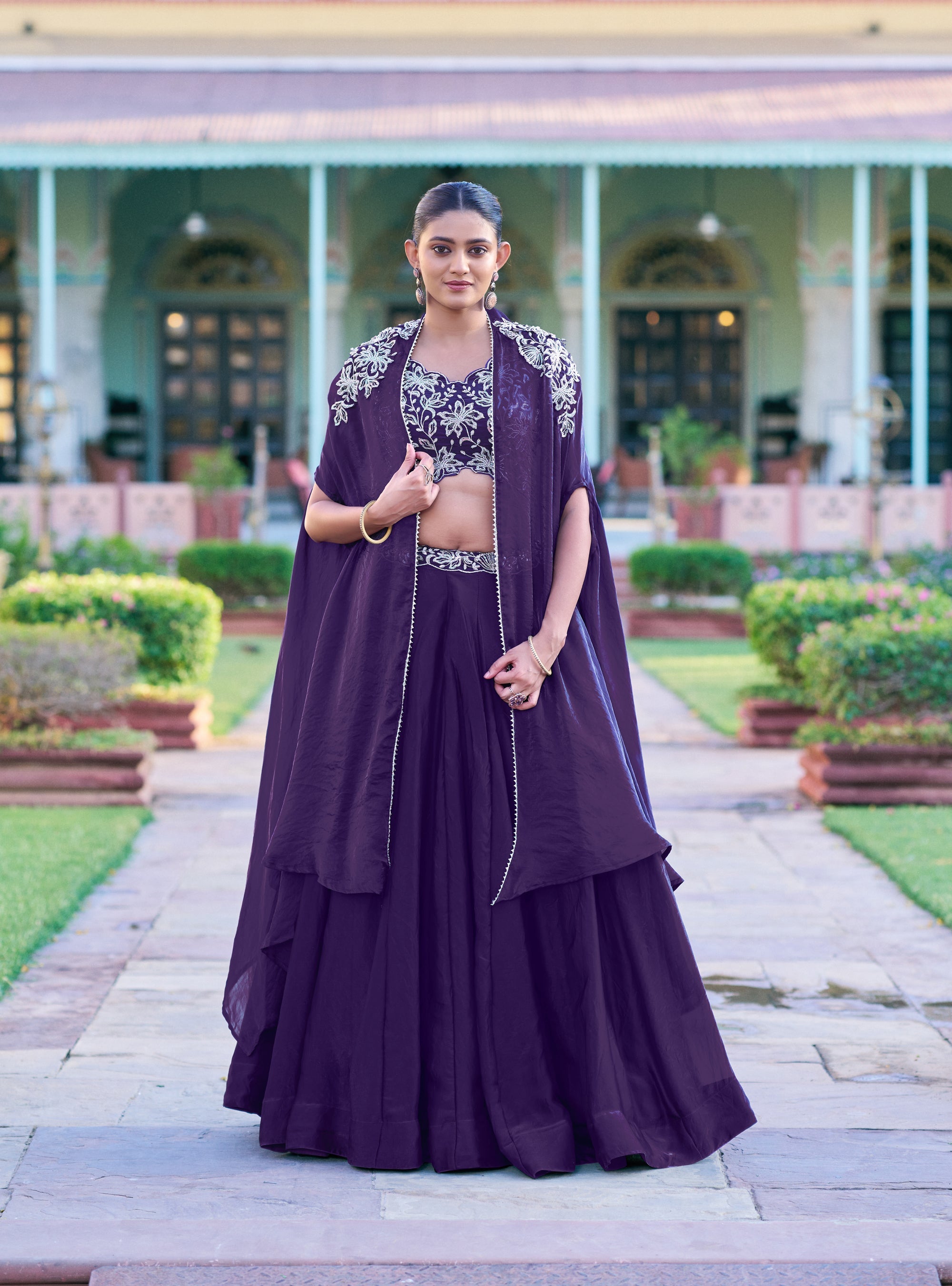 Purple Fendy Silk lehenga choli set with bead and sequin embroidery and matching shrug