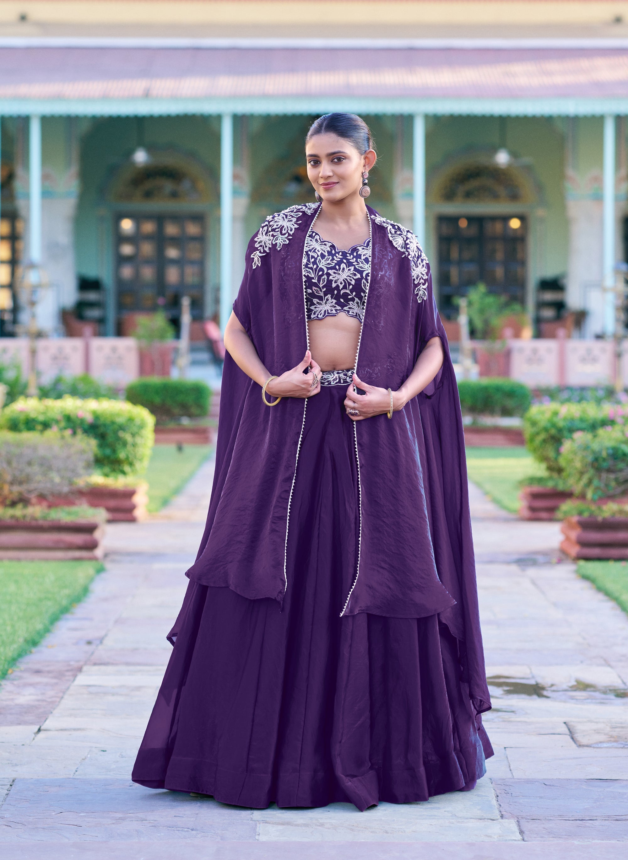 Purple Fendy Silk Embroidered Lehenga Choli Set with Shrug