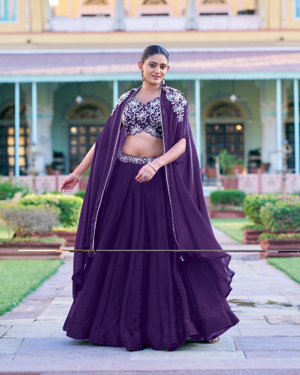 Purple Fendy Silk Embroidered Lehenga Choli Set with Shrug