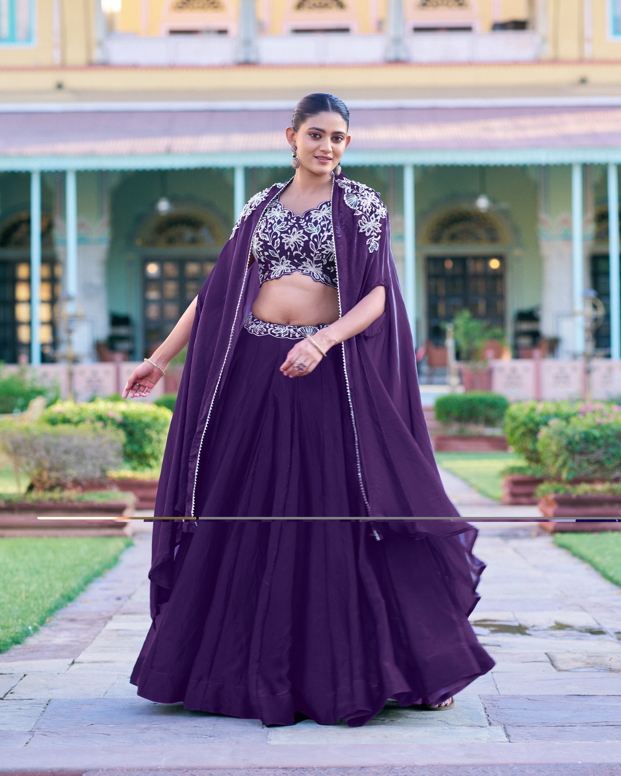 Purple Fendy Silk Embroidered Lehenga Choli Set with Shrug