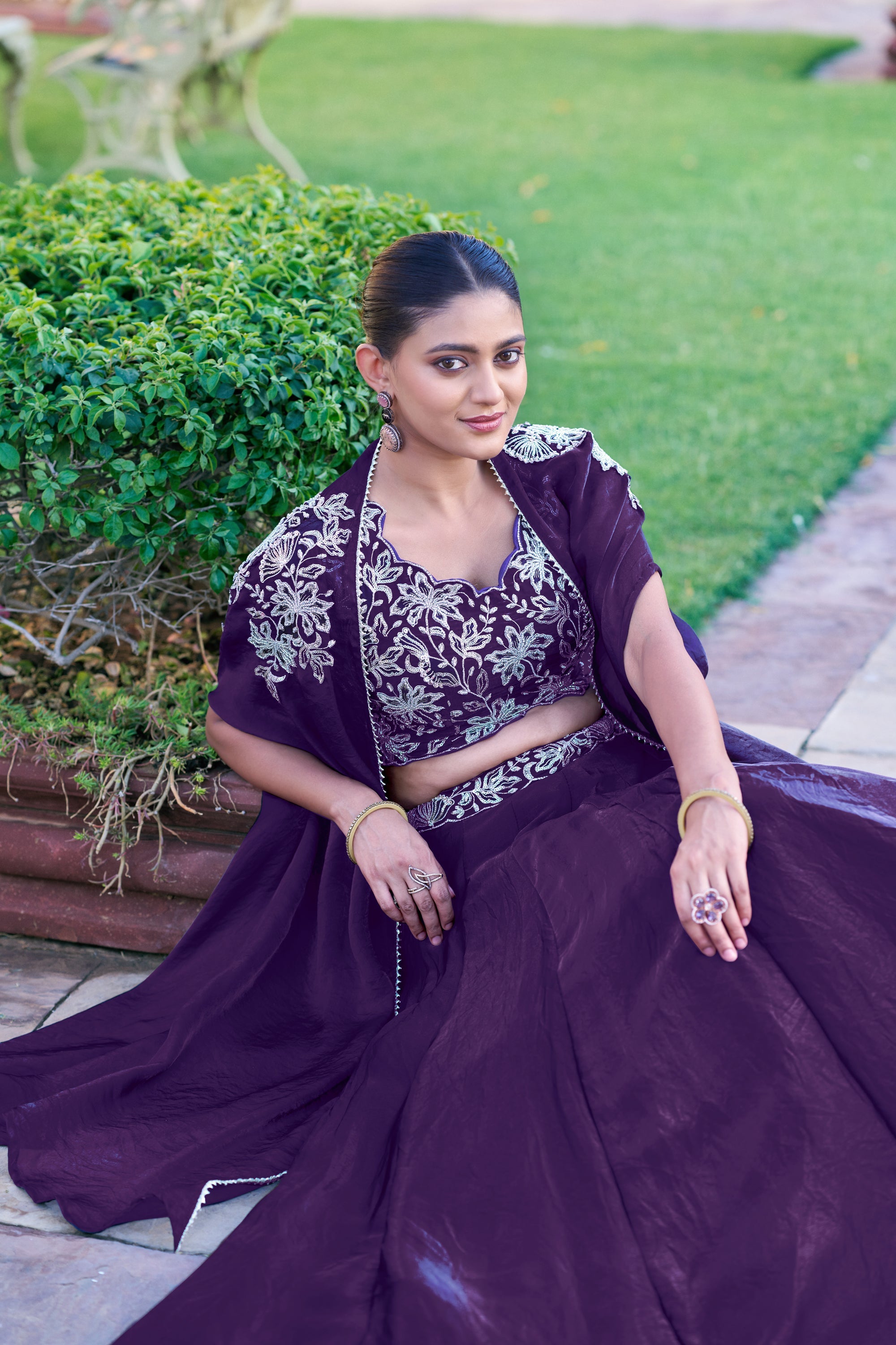 Purple Fendy Silk Embroidered Lehenga Choli Set with Shrug