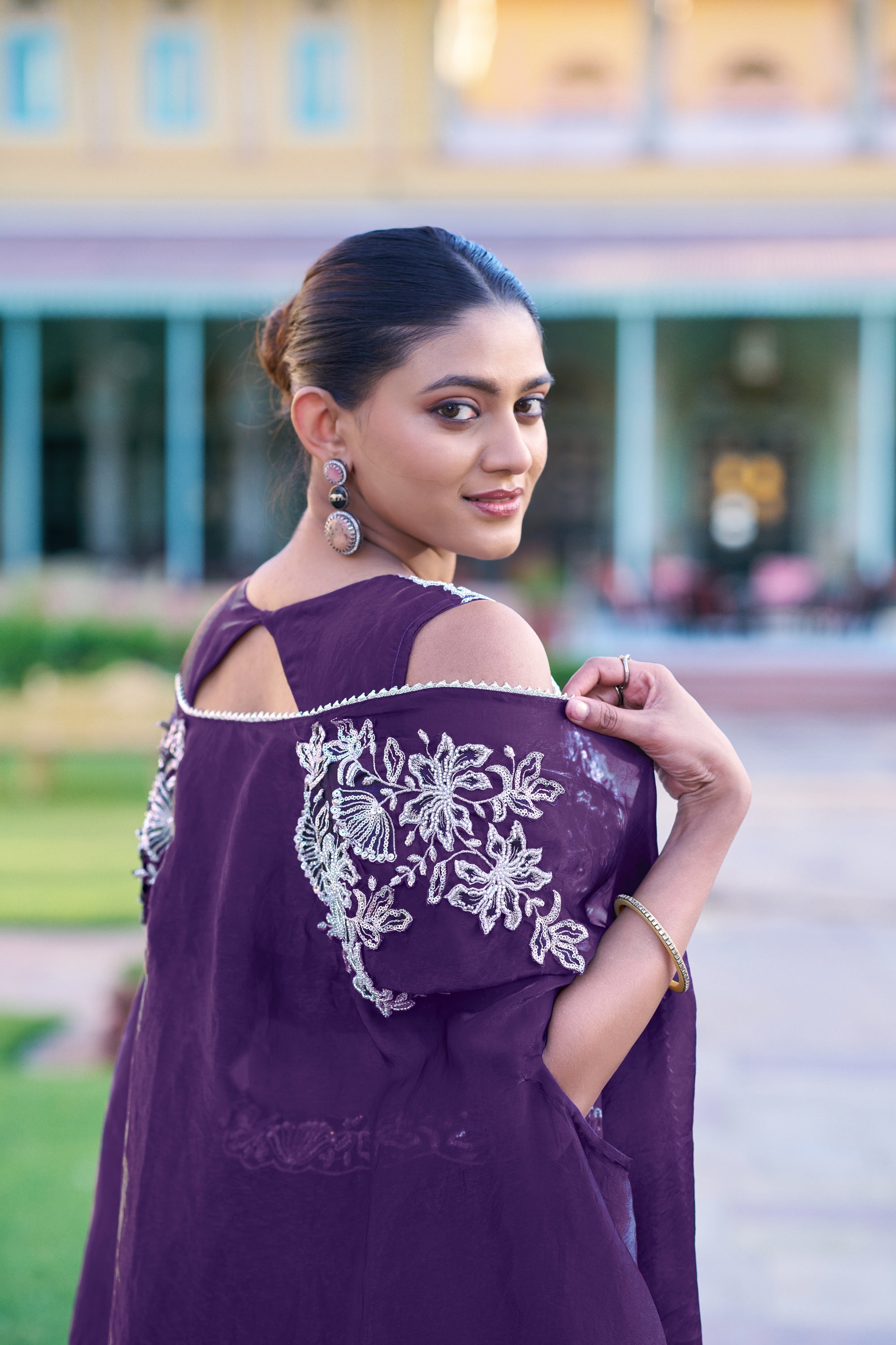 Purple Fendy Silk Embroidered Lehenga Choli Set with Shrug
