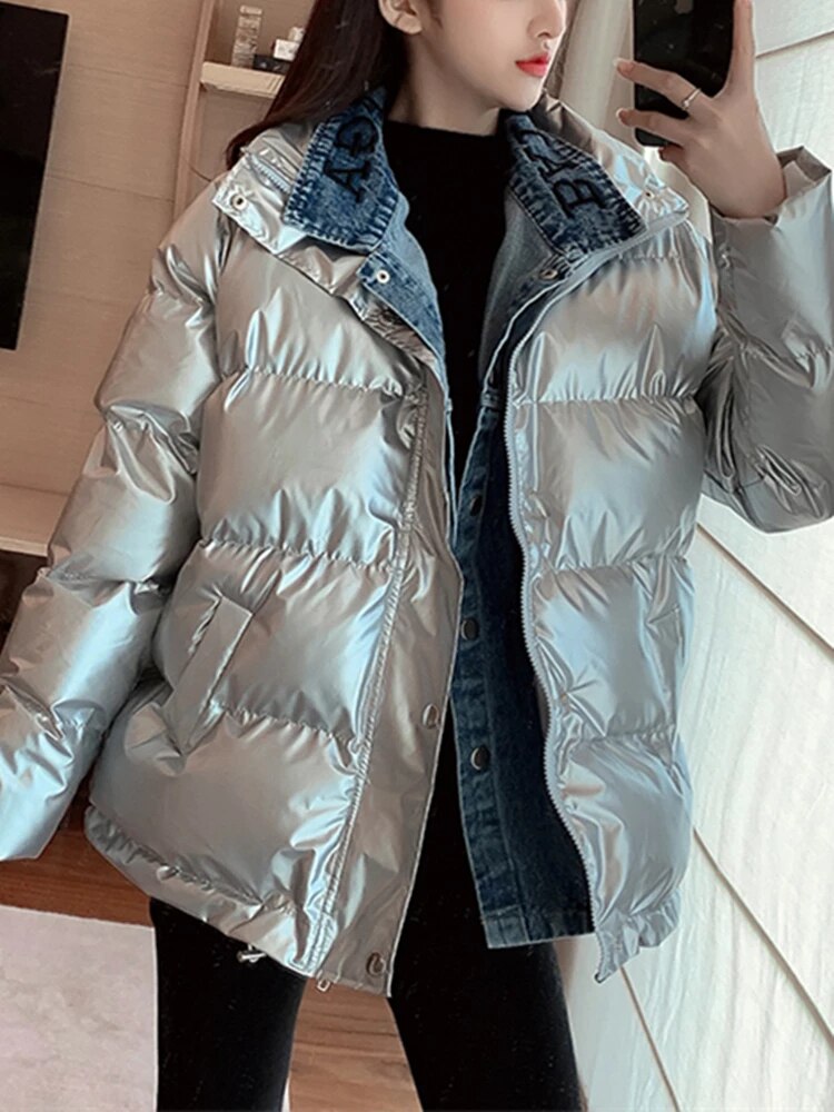 Women's Harajuku Style Denim Stitching Loose Fit Down Jacket - Image 6