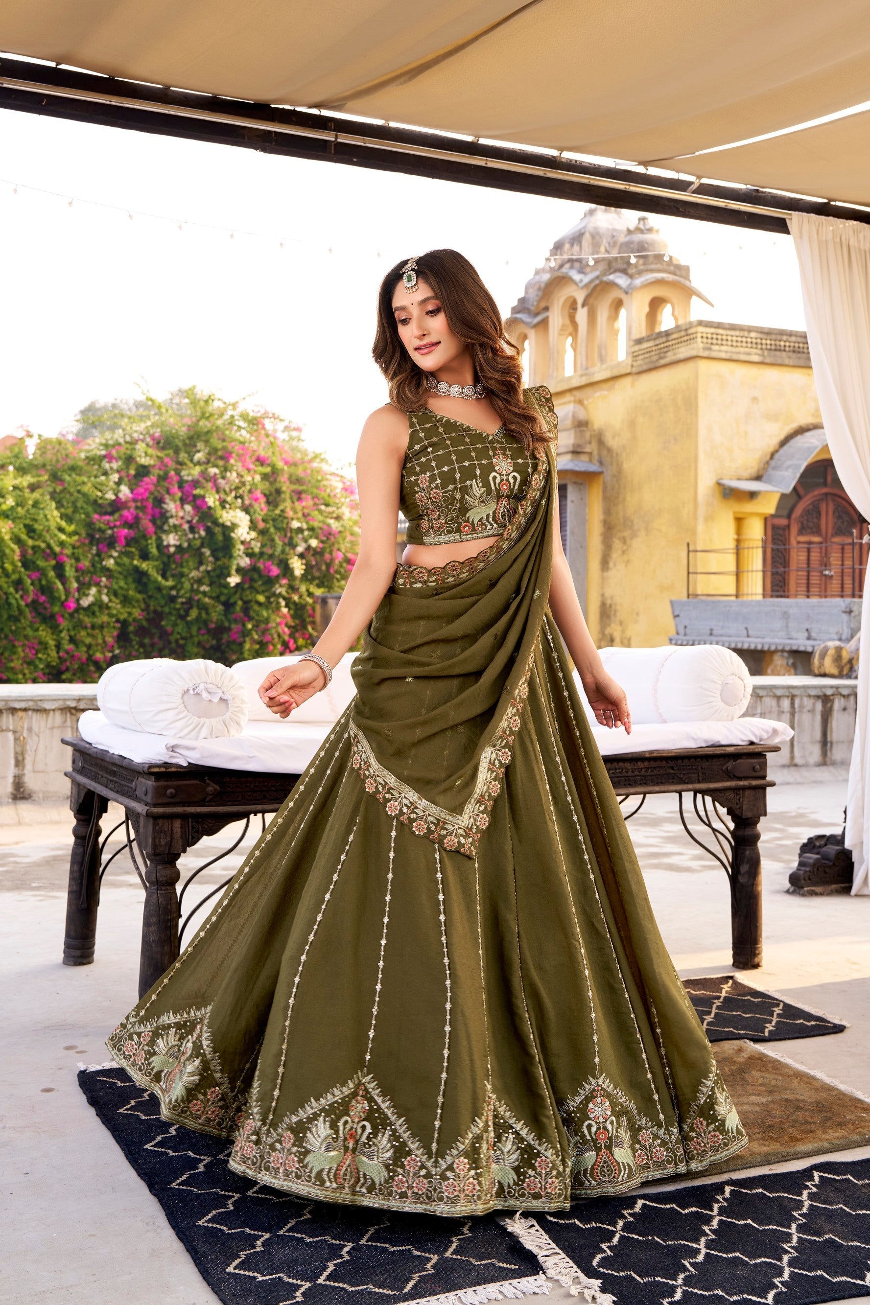 Mehendi color crush silk lehenga choli with detailed embroidery and sequins