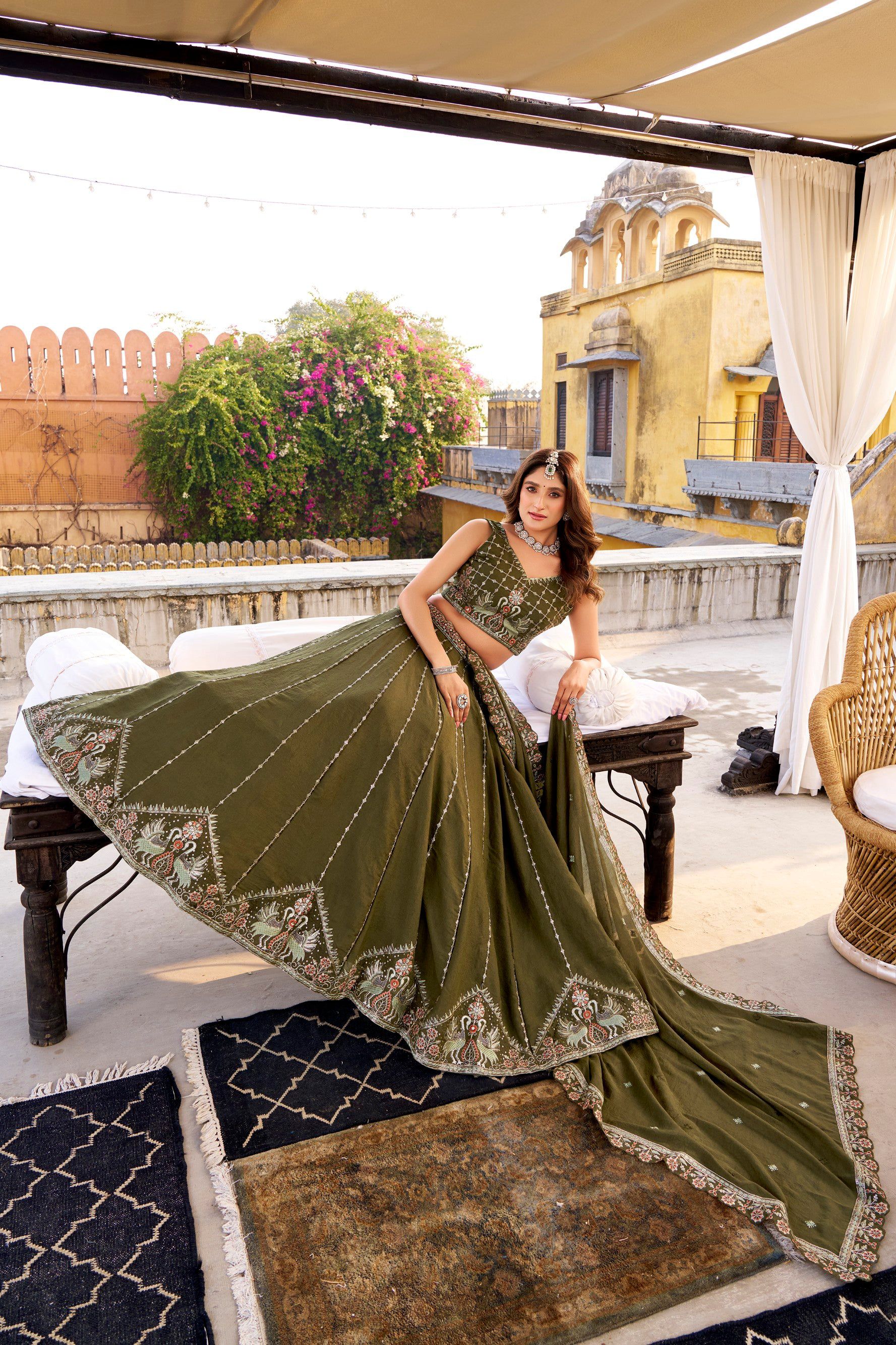 Mehendi Crush Silk Lehenga Choli with Sequins and Embroidery