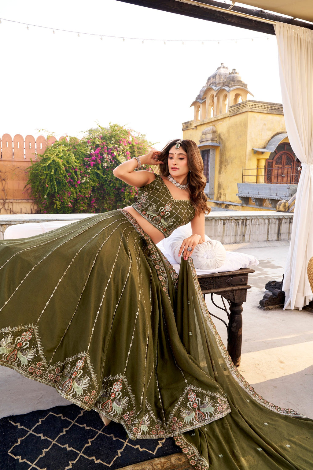 Mehendi Crush Silk Lehenga Choli with Sequins and Embroidery