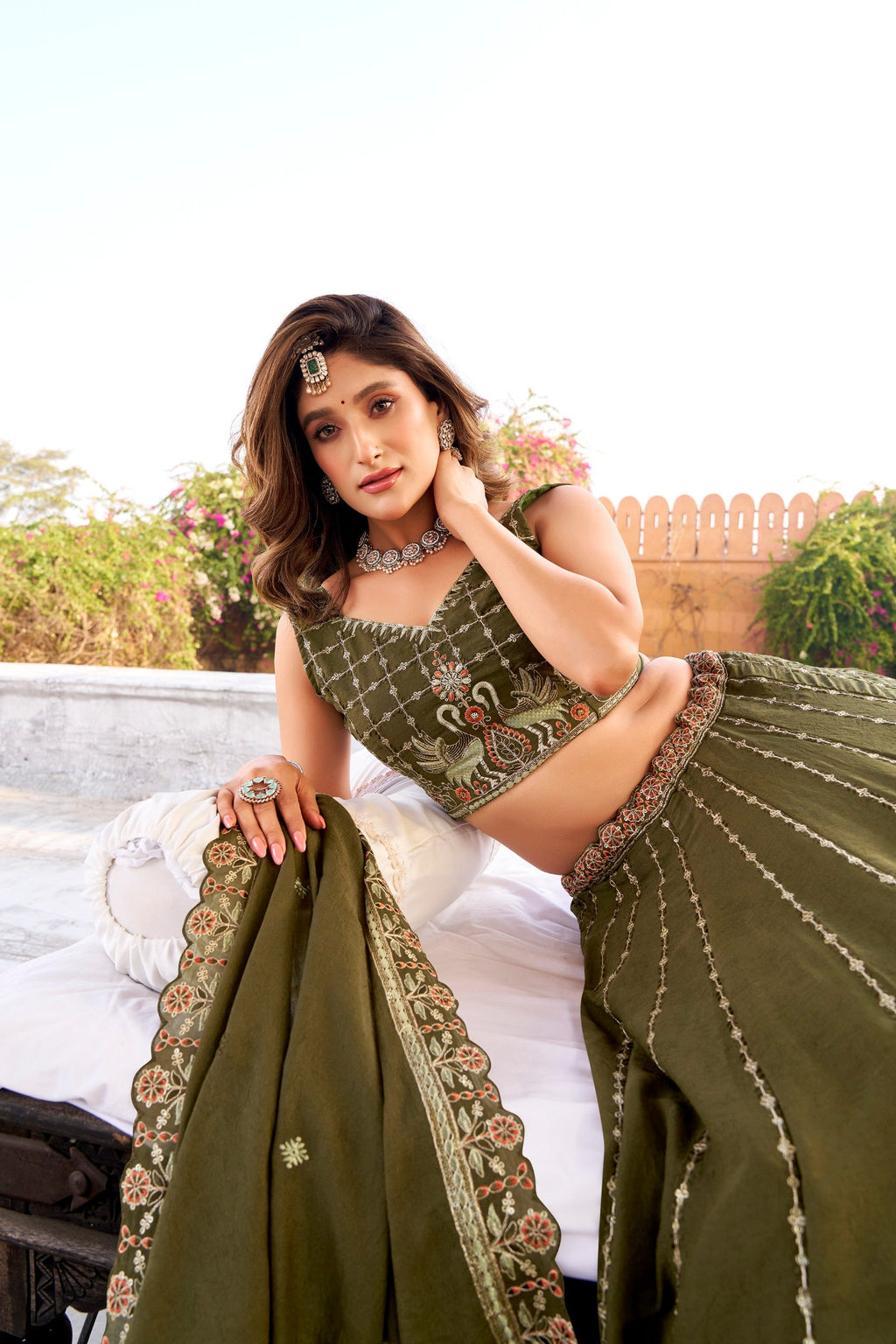 Mehendi Crush Silk Lehenga Choli with Sequins and Embroidery