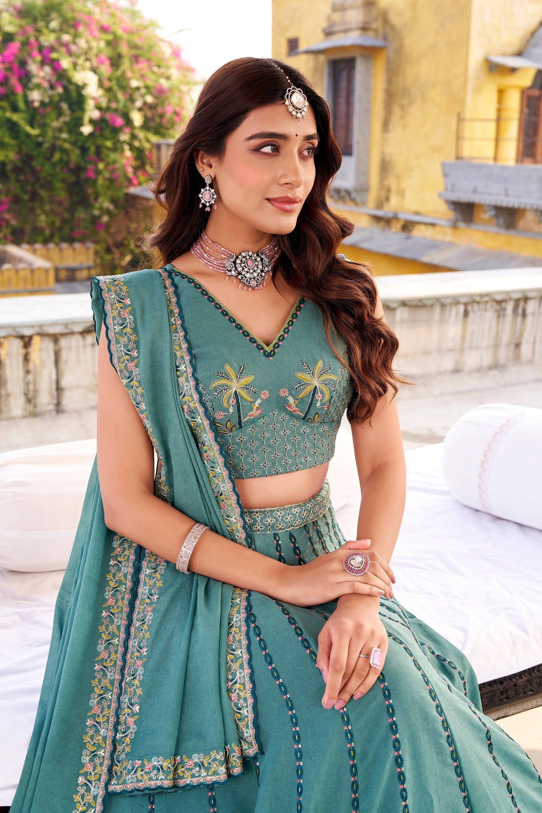 Lorenvalley Fashion Skyblue Crush Silk Sequins and Thread Embroidery Work Lehenga Choli with Dupatta