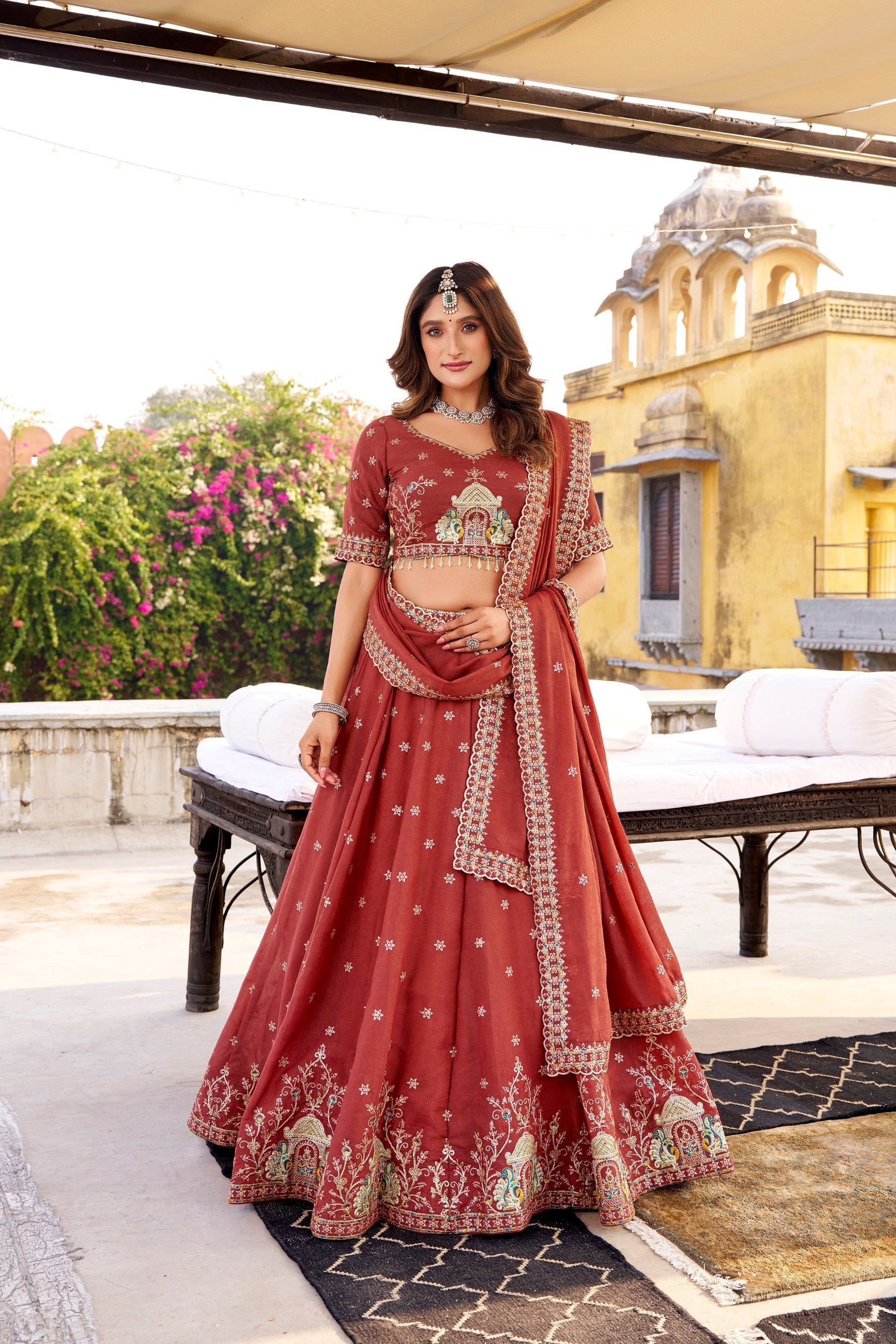 Rust Crush Silk Lehenga Choli with Sequins and Embroidery