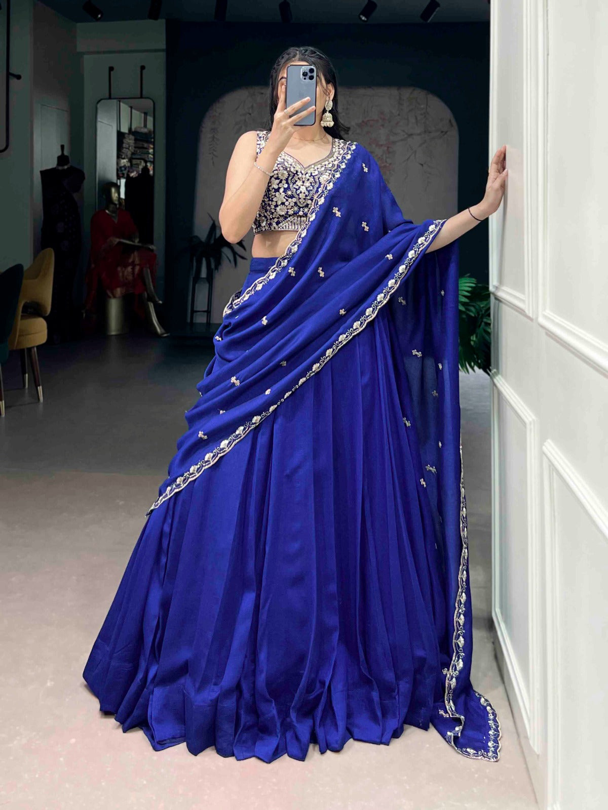 Royal-blue P.C.Kashmiri plain lehenga choli set with matching dupatta