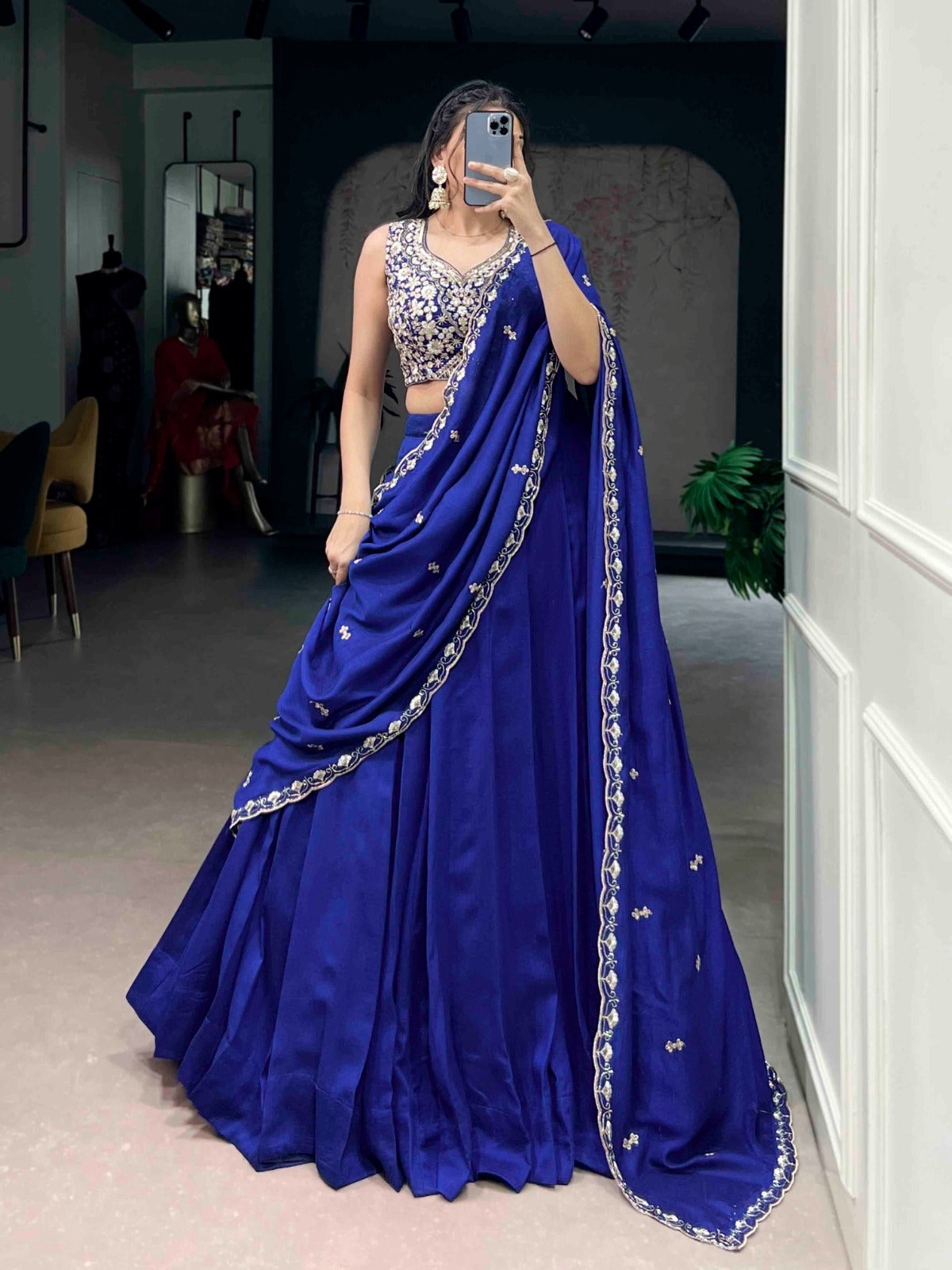 Royalblue P.C.Kashmiri Plain Lehenga Choli Set with Dupatta