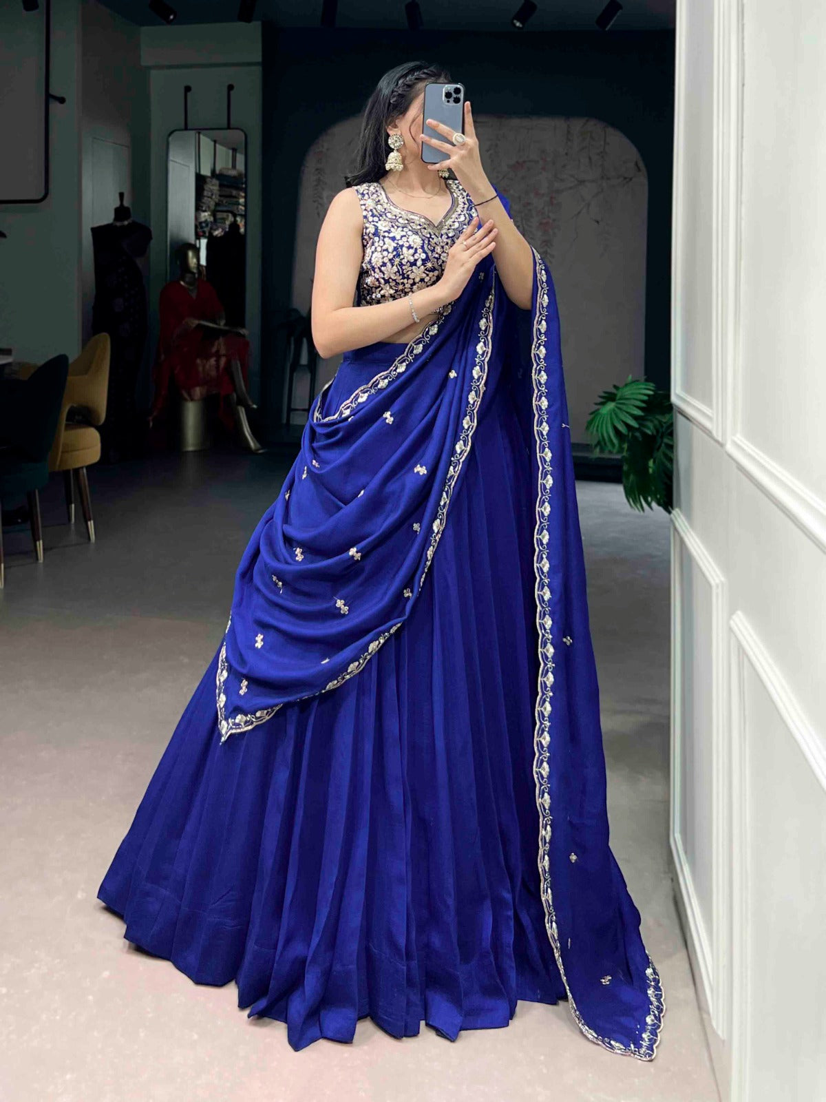 Royalblue P.C.Kashmiri Plain Lehenga Choli Set with Dupatta