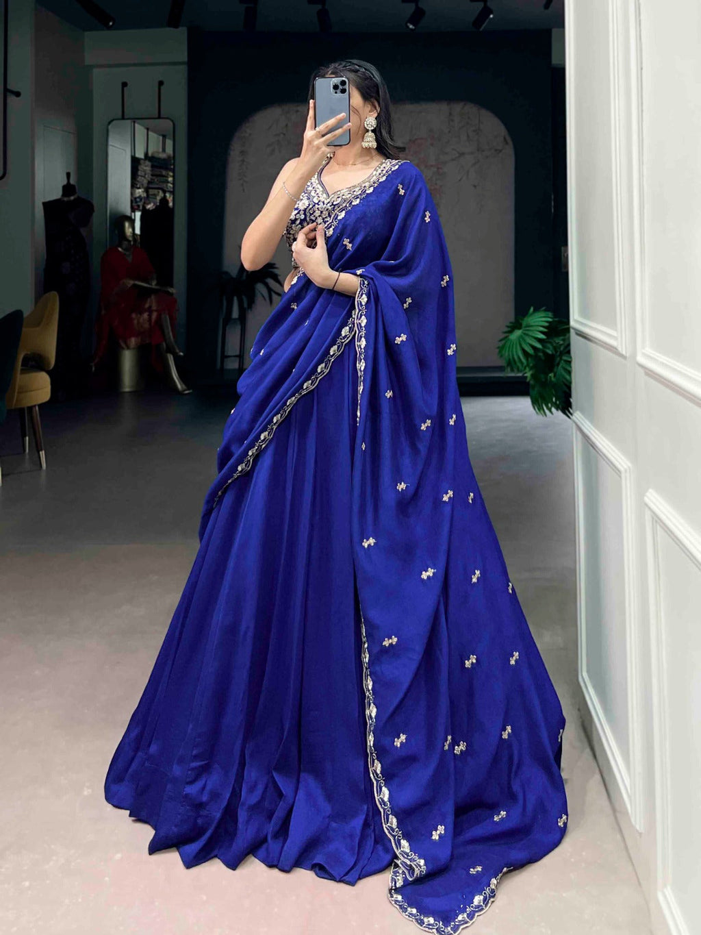 Royalblue P.C.Kashmiri Plain Lehenga Choli Set with Dupatta