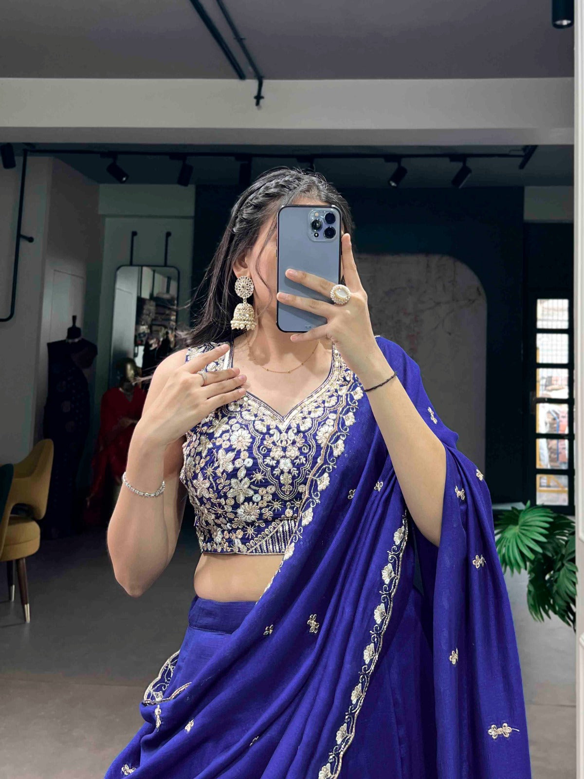 Royalblue P.C.Kashmiri Plain Lehenga Choli Set with Dupatta