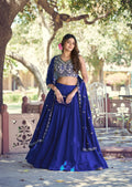 Royal Blue P.C. Kashmiri lehenga choli set with dupatta worn by a model