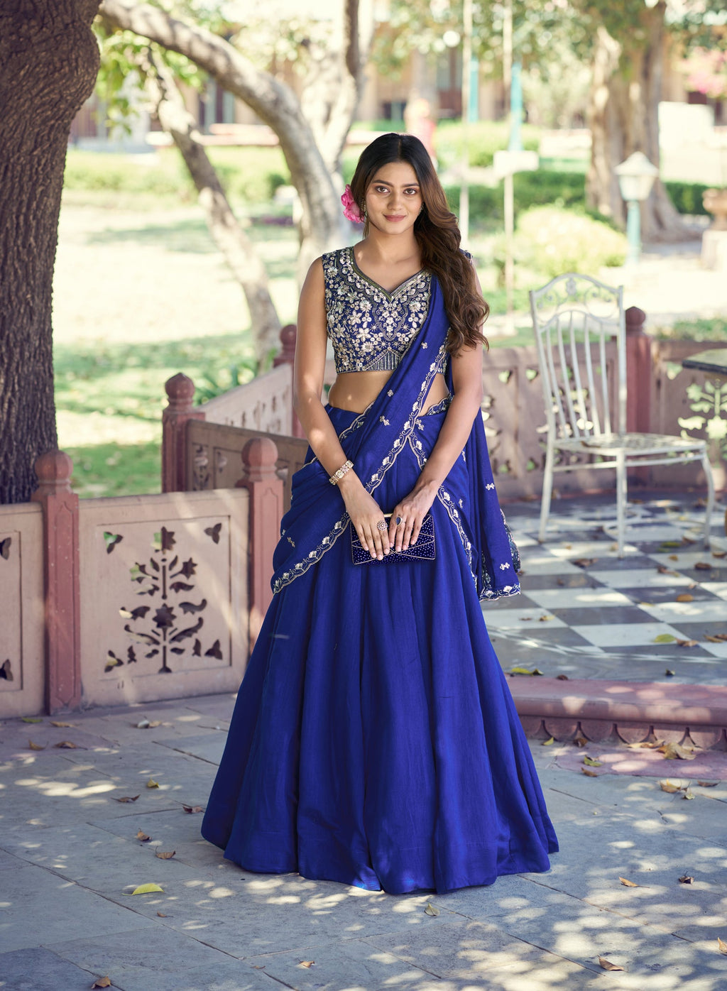 Royal Blue P.C. Kashmiri Lehenga Choli Set with Matching Dupatta