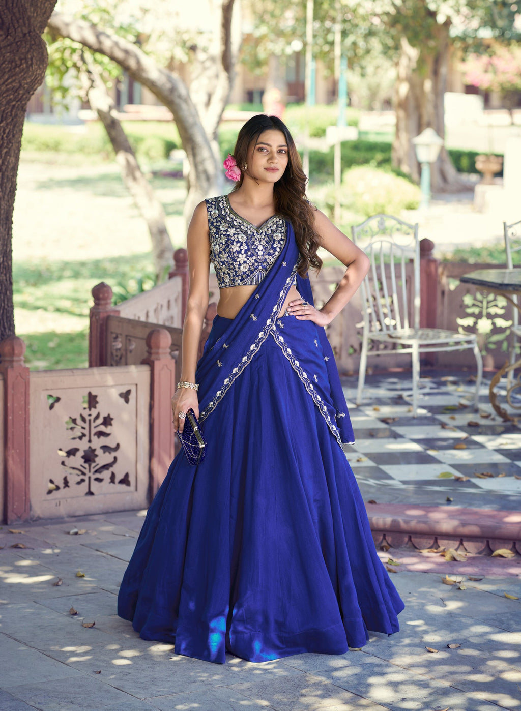 Royal Blue P.C. Kashmiri Lehenga Choli Set with Matching Dupatta