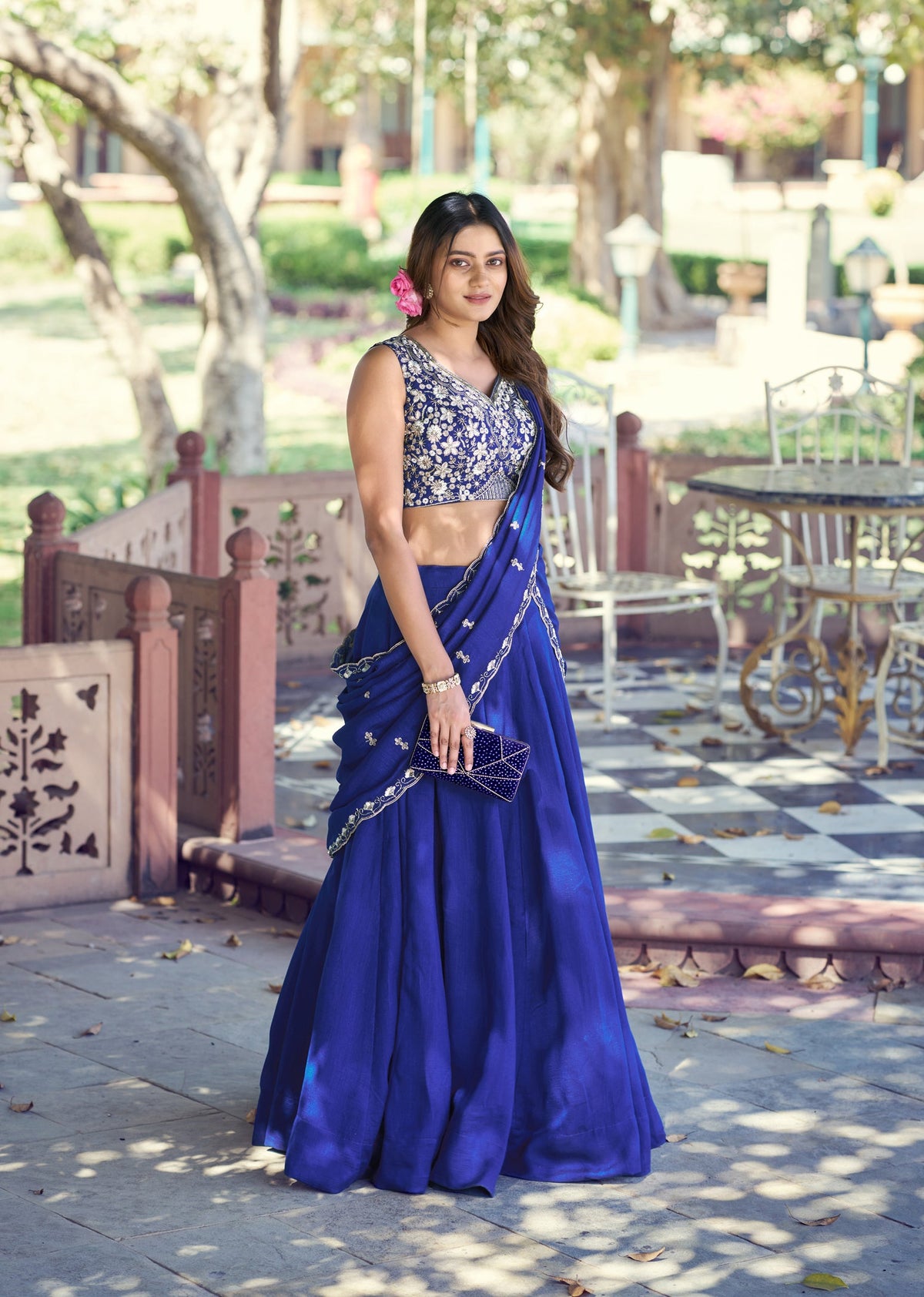 Royal Blue P.C. Kashmiri Lehenga Choli Set with Matching Dupatta