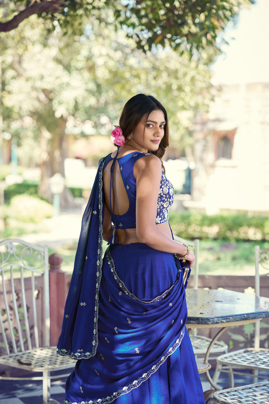 Royal Blue P.C. Kashmiri Lehenga Choli Set with Matching Dupatta